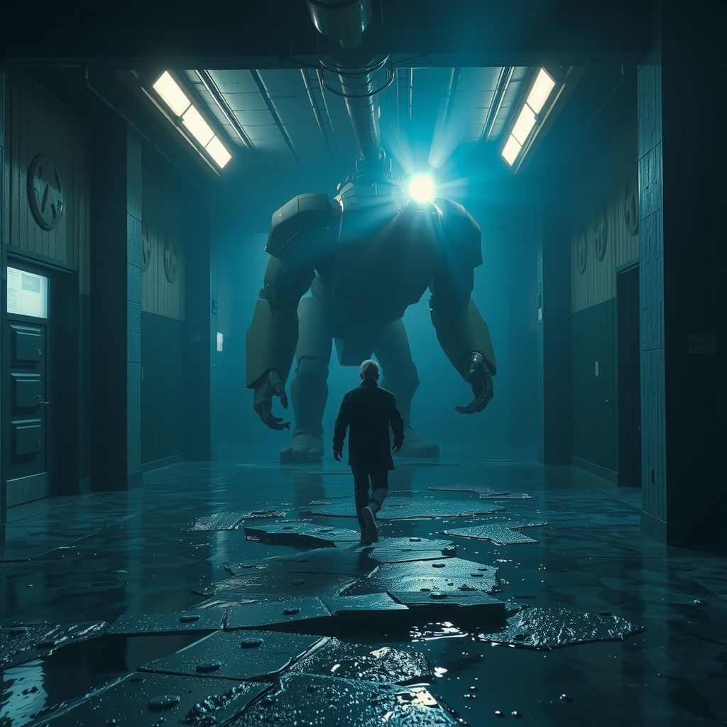 Surreal dream scene, cinematic and atmospheric, digital art: A lone figure runs through the dark, flooded corridors of an ancient underwater government facility, with echoes of dripping water and creaking metal floors, pursued by a towering robot monster equipped with a flashlight on its head.
