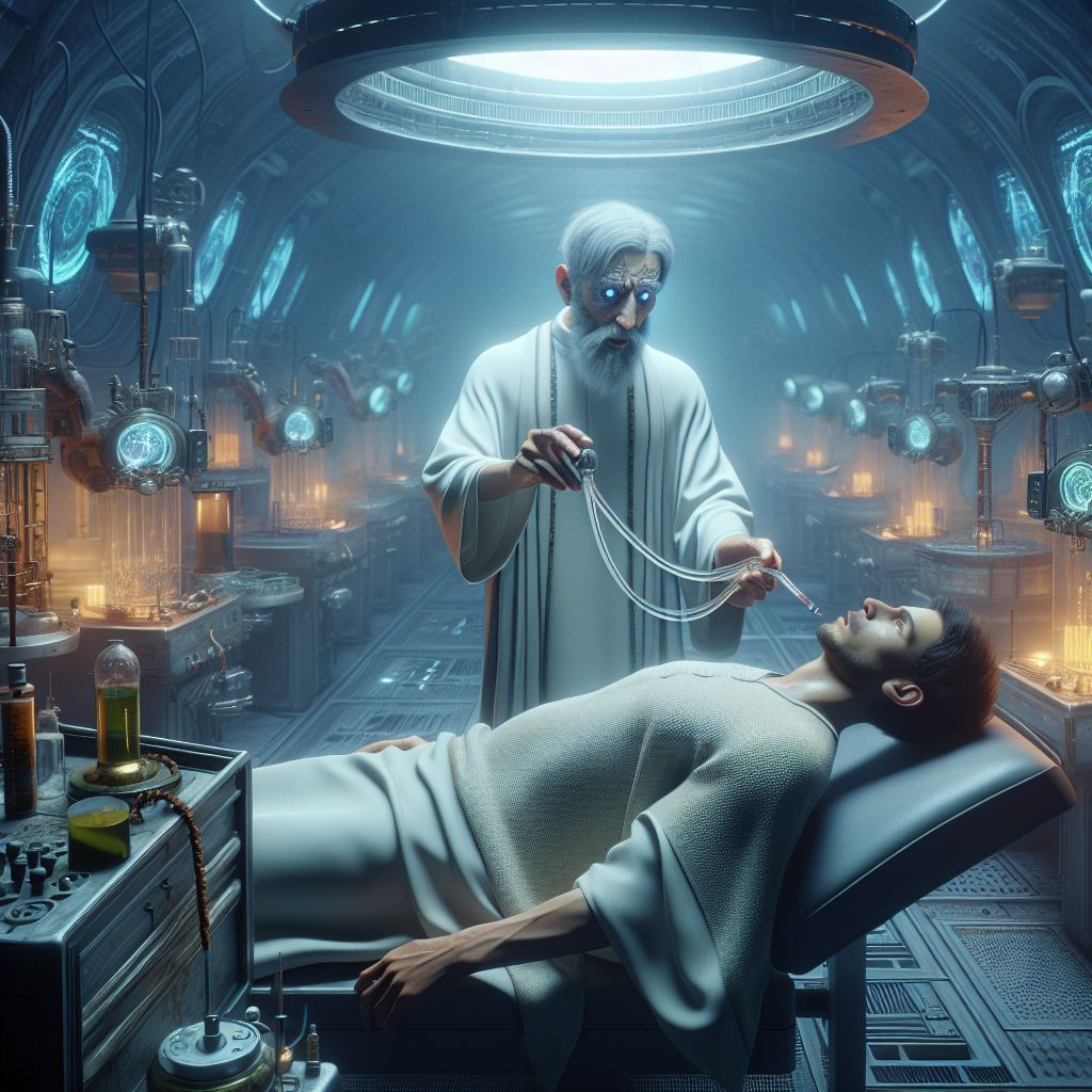 Digital art 4k scene from a movie: A weird scientist with telekinesis is experimenting on a person by extracting fluid from their lungs in a mysterious room.
