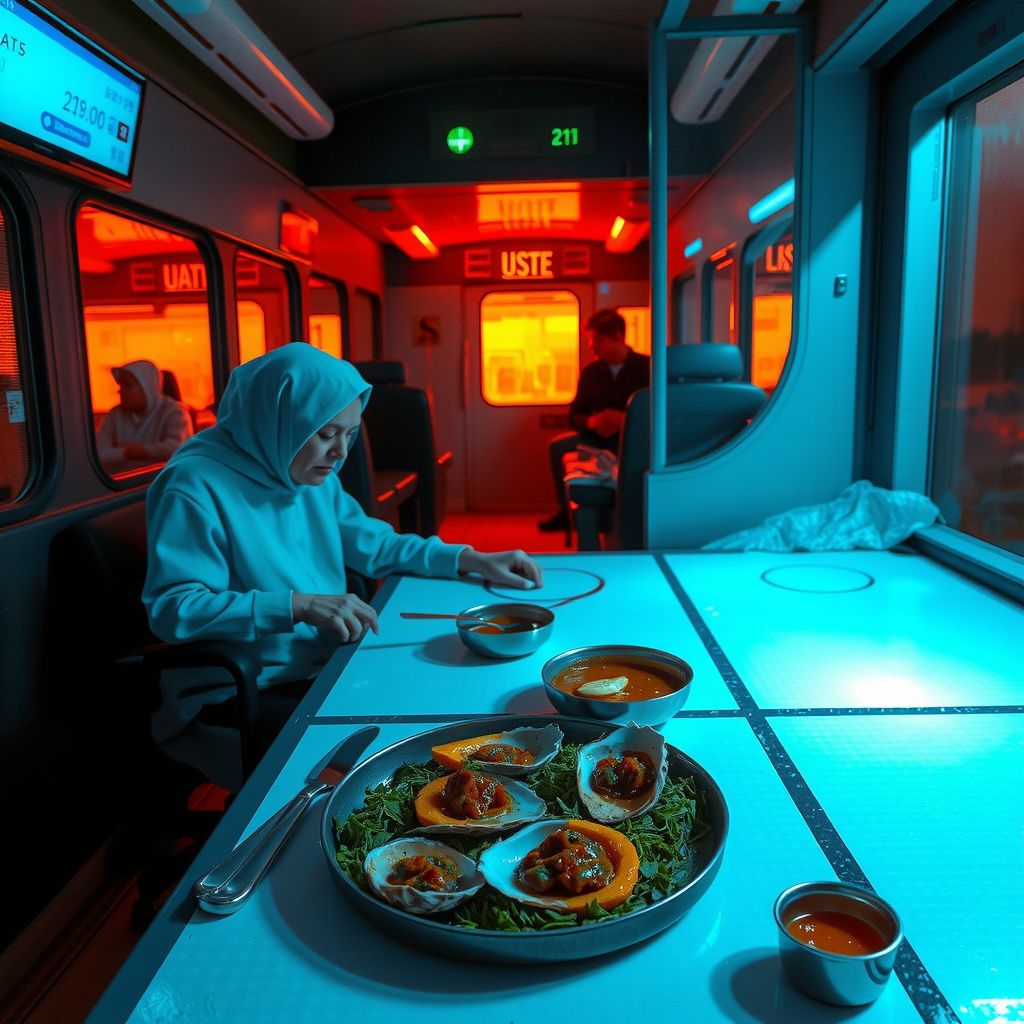Surreal dream scene, cinematic and atmospheric, digital art: A surreal scene of a train traveling back and forth between the US and Mexico where passengers receive specialized medical treatments without leaving the train, accompanied by two artists cooking a vibrant wild green salad with yellow squash and stuffed oysters in an off-grid studio with a bubbling spring-fed sink, all while sitting at a glowing air hockey table.