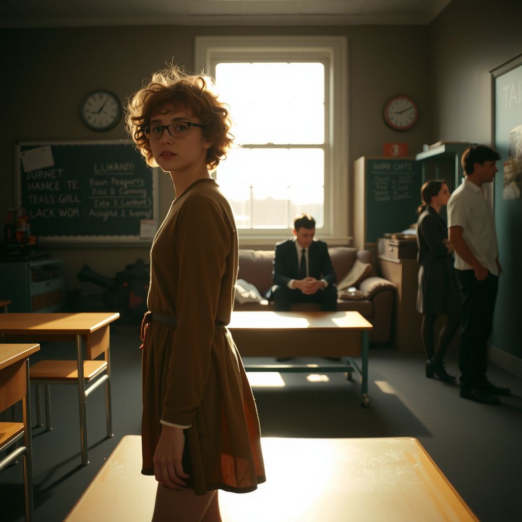 Surreal dream scene, cinematic and atmospheric, digital art: A shy teenage girl with curly frizzy hair and glasses stands quietly in a vintage high school classroom, bathed in warm sunlight, while classmates and a somber teacher converse in the background near an old thrifted couch by a classroom window.