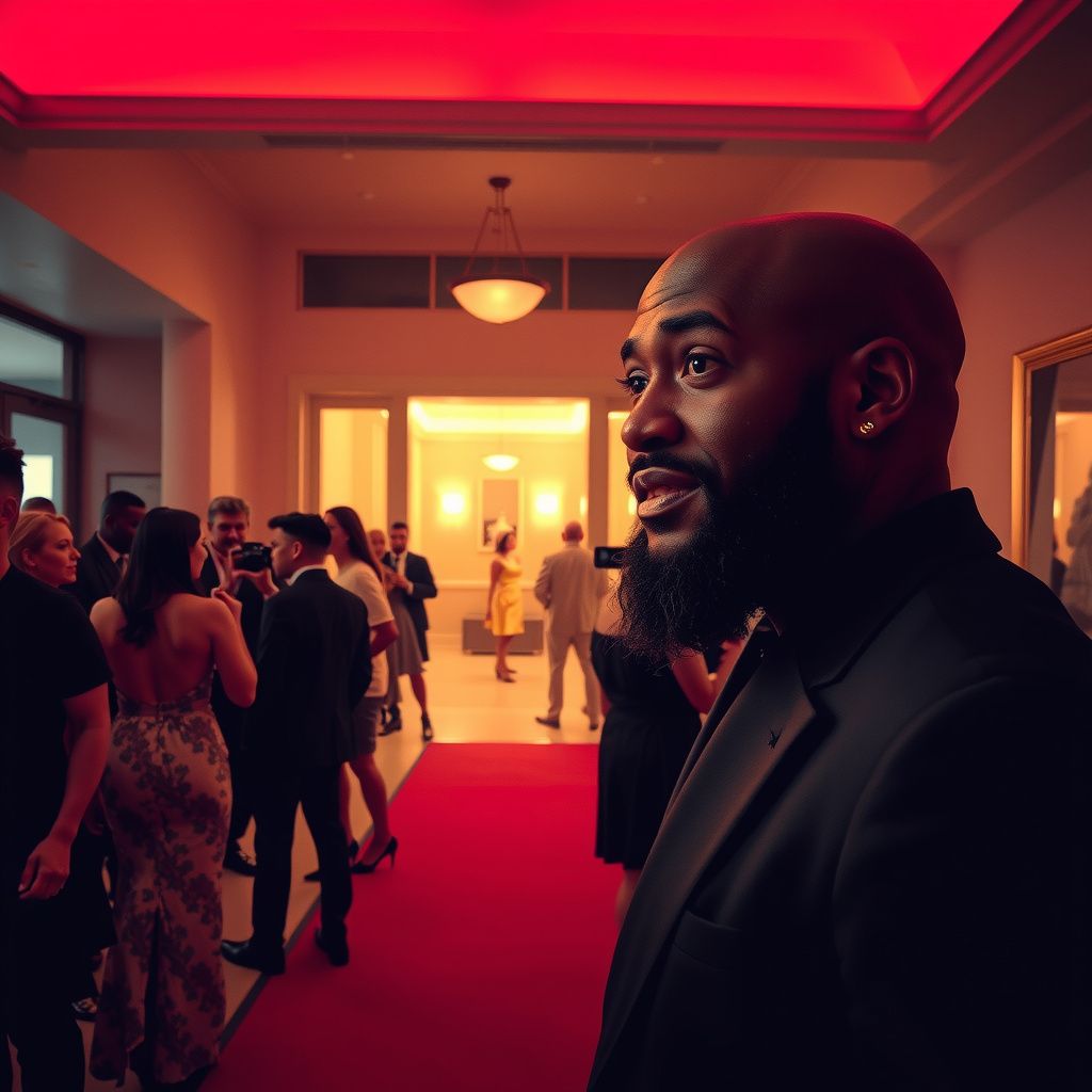 Surreal dream scene, cinematic and atmospheric, digital art: An elegant celebrity party in a spacious modern house with diverse guests mingling on a red carpet hallway, vibrant camera flashes capturing the moment, while a thoughtful bald black man with a thick beard observes the scene with curiosity and amusement.