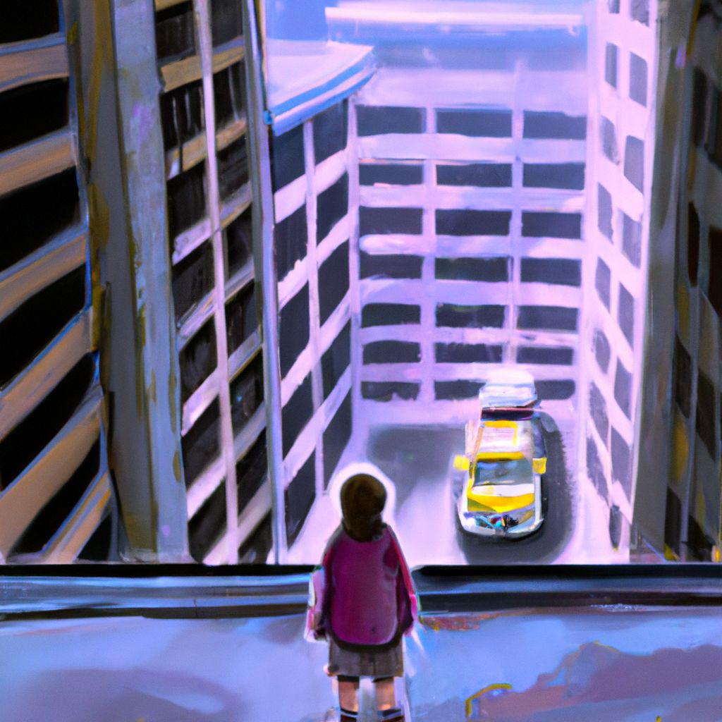 Digital art, Imagine a scene of a child standing in a parking lot, looking up at a window of a tall building and feeling helpless as they watch their best friend get dragged away.