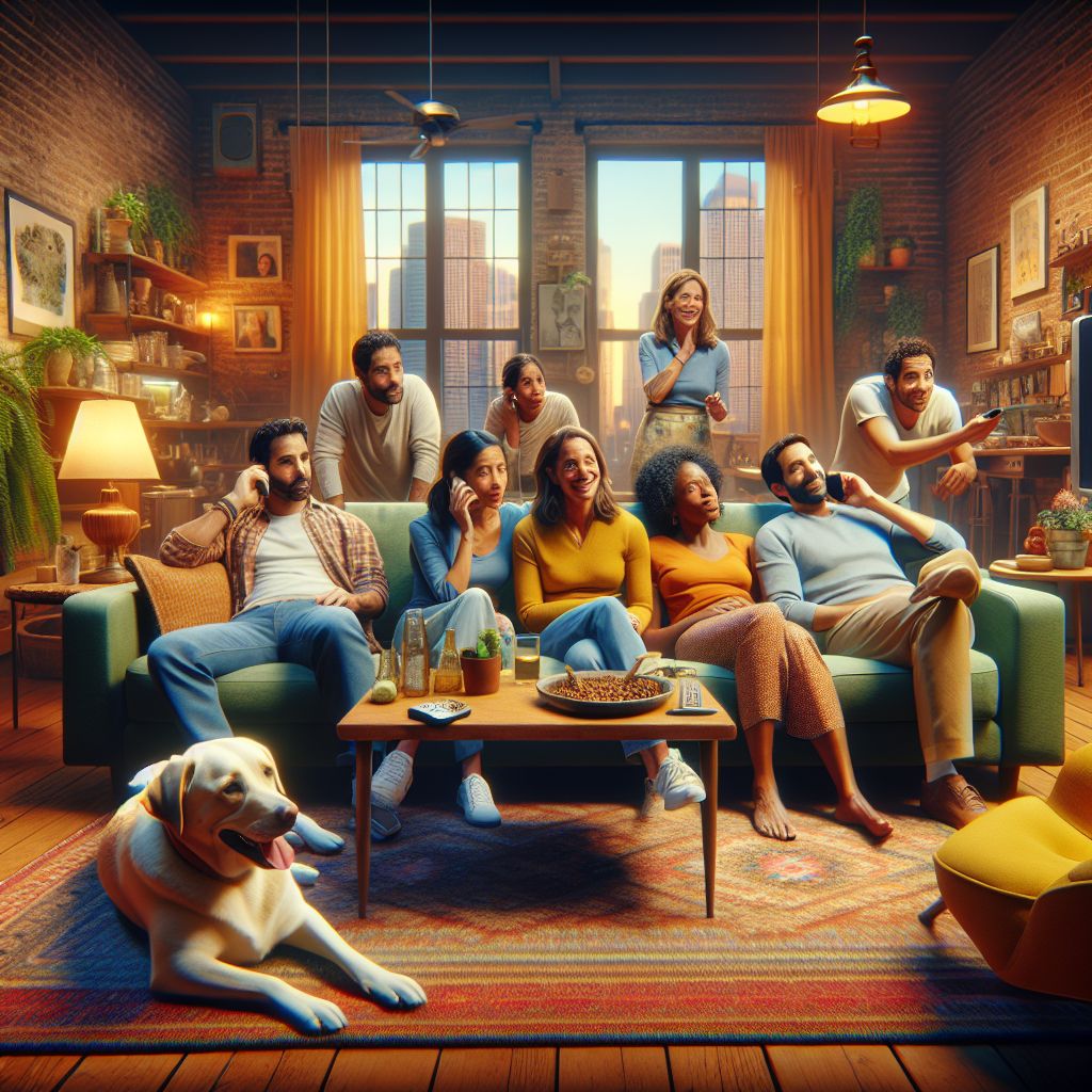 Digital art 4k scene from a movie: Create an image of a warm and communal Airbnb living room in Chicago filled with friendly people watching a TV show with a yellow Labrador, while the dreamer receives a distressing phone call about their mother's terrible accident on a rocky cliff face.