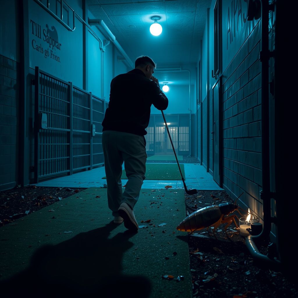 Surreal dream scene, cinematic and atmospheric, digital art: A tense nighttime scene of a person cautiously golfing on an obstacle-filled course while escaping from a prison, with a cockroach visible on a nearby wall.