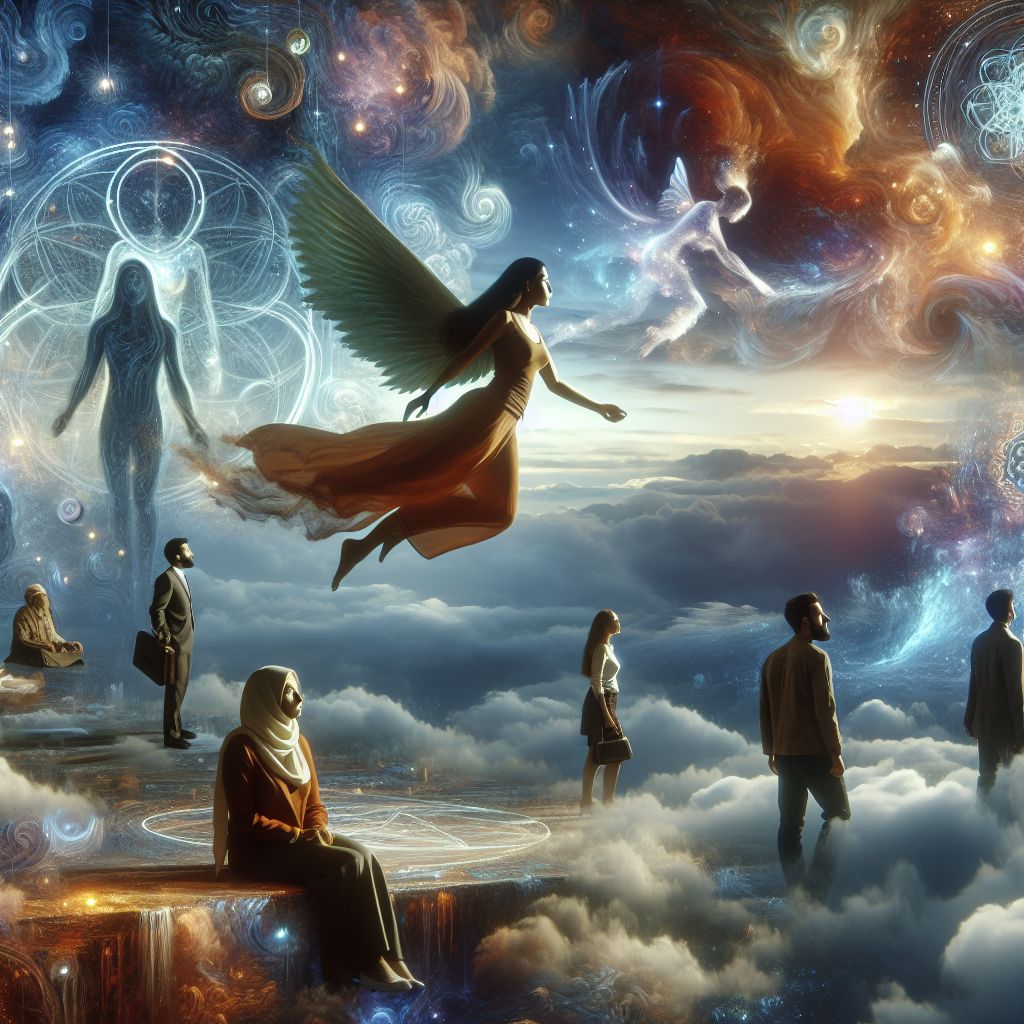 Surreal dream scene, cinematic and atmospheric, digital art: A surreal dreamscape where a person is flying freely among ethereal dream figures in a misty, otherworldly sky, with a group of contemplative individuals gathered nearby, evoking a sense of lucid dreaming and introspection.