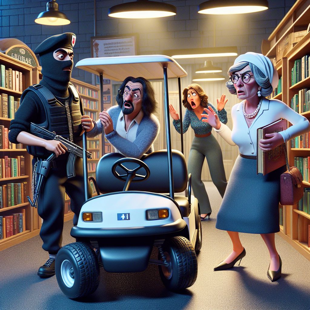 Digital art 4k scene from a movie: An unsuspecting car thief finds themselves in a bizarre situation after borrowing a car from a security guard's golf cart and returning it, only to be accused of stealing by two angry French ladies at the library.