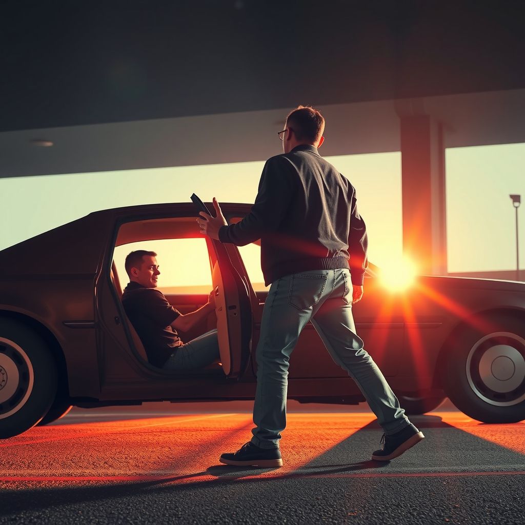 Surreal dream scene, cinematic and atmospheric, digital art: A tense scene in a dimly lit parking lot where a man is trying to unlock a car door while the driver inside quickly locks it again, capturing the urgency and fear of the moment.