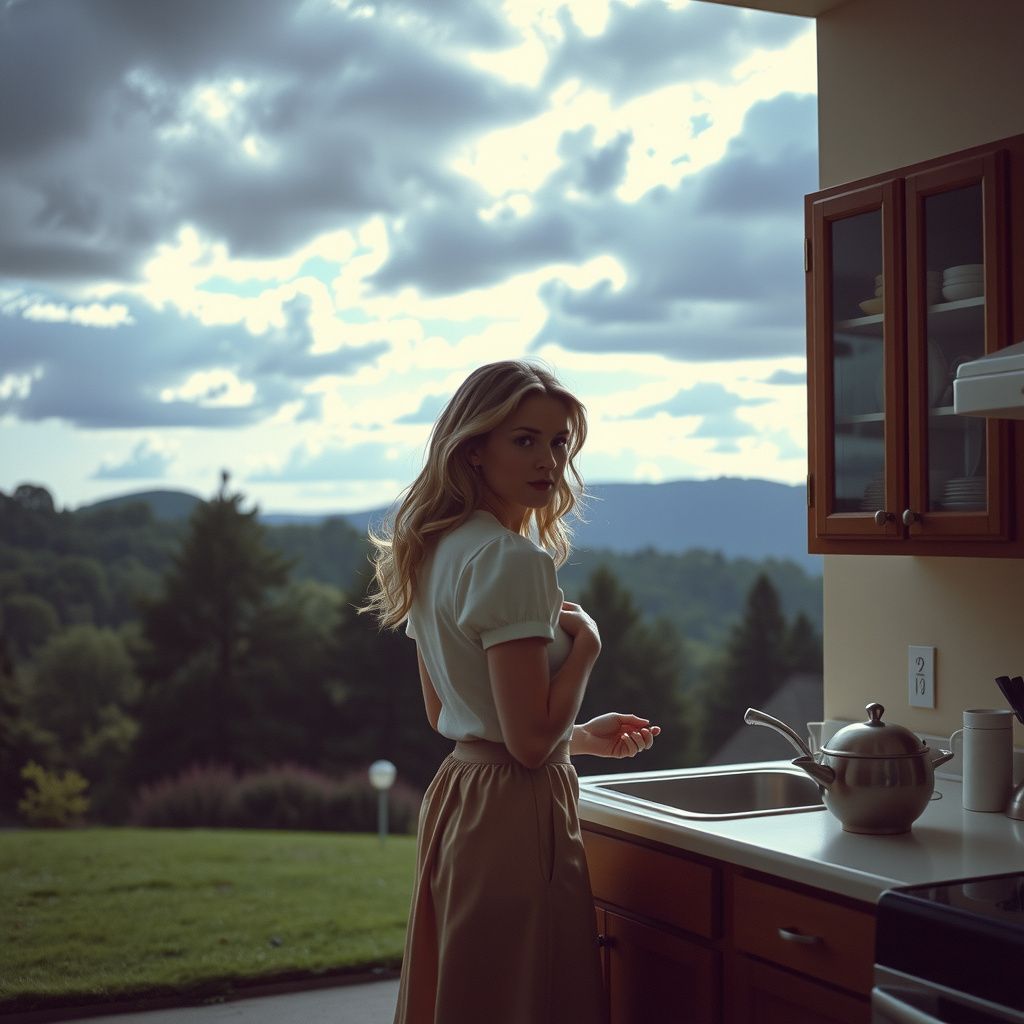 Surreal dream scene, cinematic and atmospheric, digital art: A serene goddess resembling Sharon Tate with an ethereal oceanic glow, subtly trapped in a 1970s suburban setting, dressed as a plain housewife washing dishes in a modest kitchen, surrounded by an atmosphere of quiet melancholy beneath low, dramatic clouds over rolling hills and lush trees.