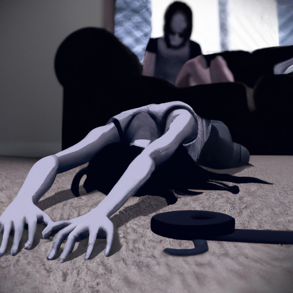 Digital art, A terrified individual lies frozen on their back as their sister Madison, with a calm yet unsettling tone, aims a gun directly at them, ready to pull the trigger.