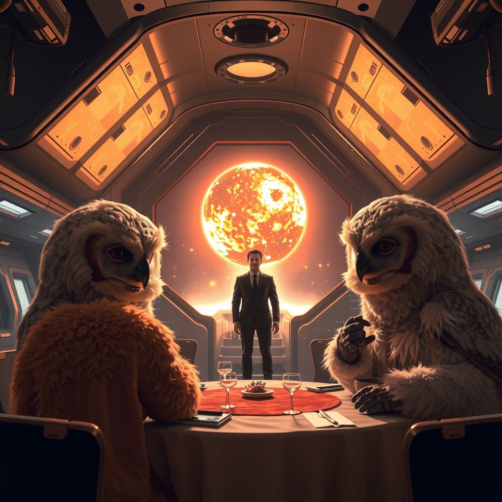 Surreal dream scene, cinematic and atmospheric, digital art: A tense gala aboard a futuristic spaceship features large, fluffy owl-like alien royalty and their human ally preparing for an unexpected holographic fiery attack, with a backdrop of advanced technology and a dramatic cosmic rumble signaling divine displeasure.