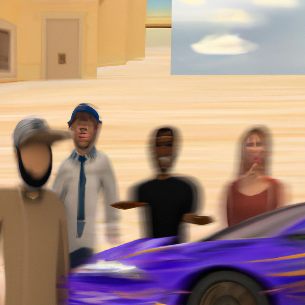 Digital art, Generate an image of a group of friends hanging out at a thrift store looking for cameras, with Fousey (YouTuber) being present and friendly, but later on being involved in a car chase with the dreamer and their friend, until the dream switches to a video game-like setting with a race in the desert and an unexpected explosion.