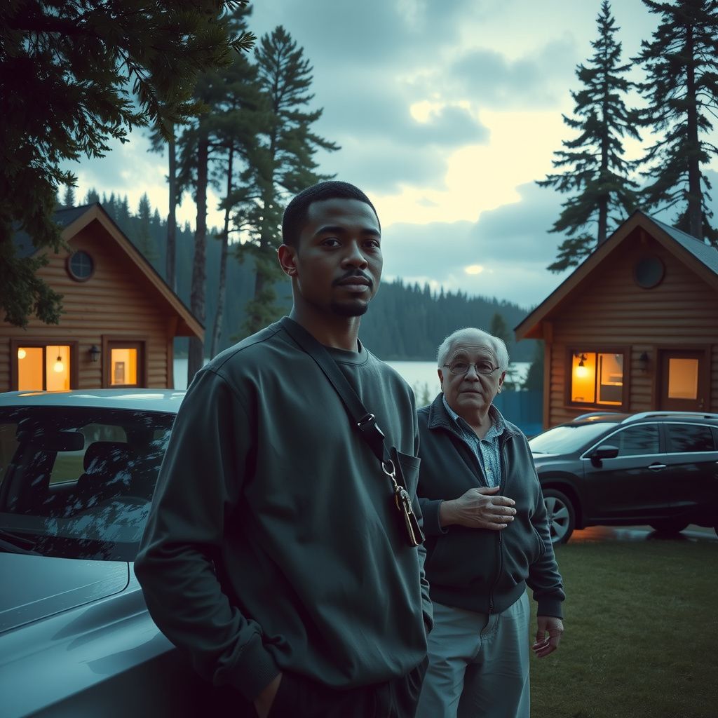 Surreal dream scene, cinematic and atmospheric, digital art: A young black man stands with his mom and stepdad beside a car in front of cozy small wooden apartments nestled in a forest by a serene lake, with a mix of excitement and concern on his face as they prepare for his college move-in.