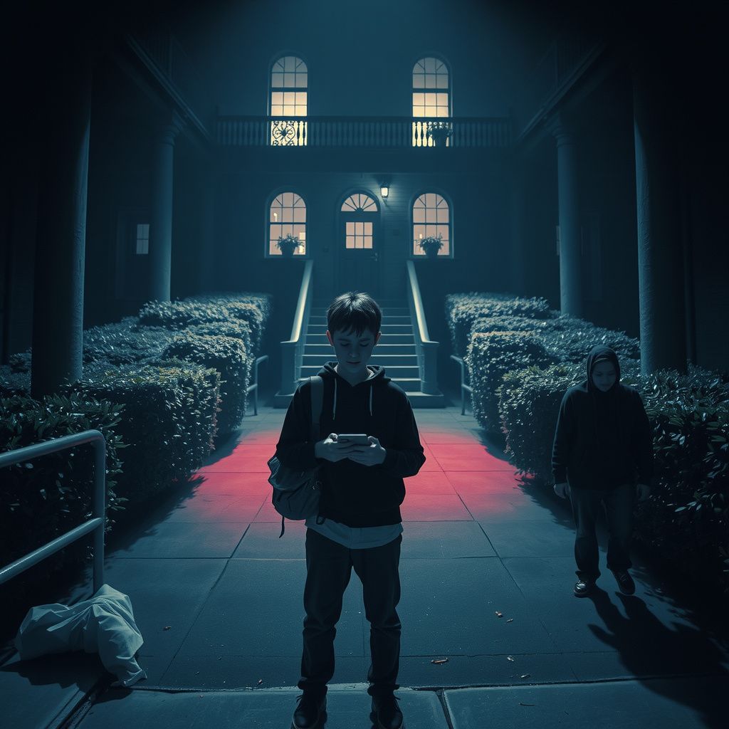 Surreal dream scene, cinematic and atmospheric, digital art: A nighttime scene depicting a dimly lit, rule-bound group home with a long staircase leading to a courtyard surrounded by hedges, where a determined young person holds a phone tightly, accompanied by a mysterious companion, both quietly planning their escape under soft pink and black ambient lighting, evoking a blend of hope and tension.