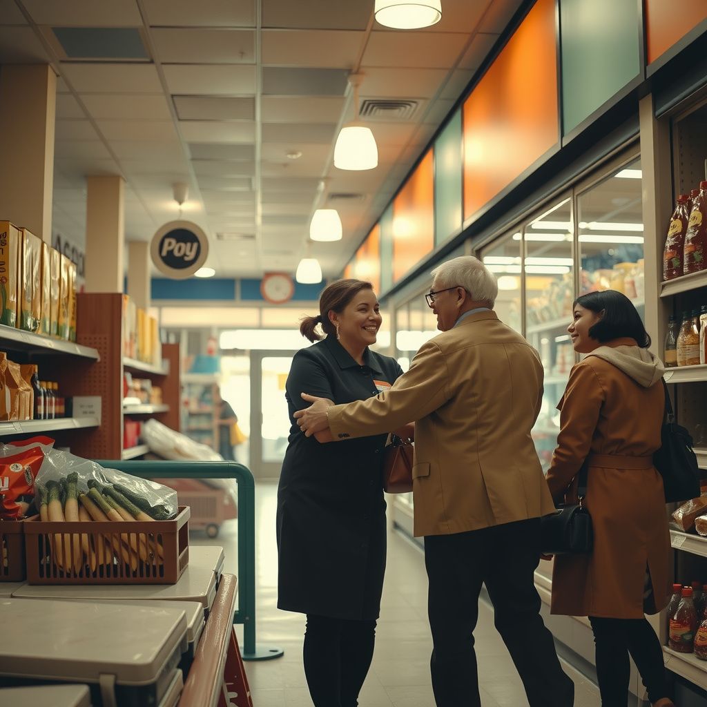 Surreal dream scene, cinematic and atmospheric, digital art: A joyful reunion of old coworkers and best friends in a cozy grocery store aisle near the hot foods section, with warm smiles, hugs, and a sense of happy surprise.