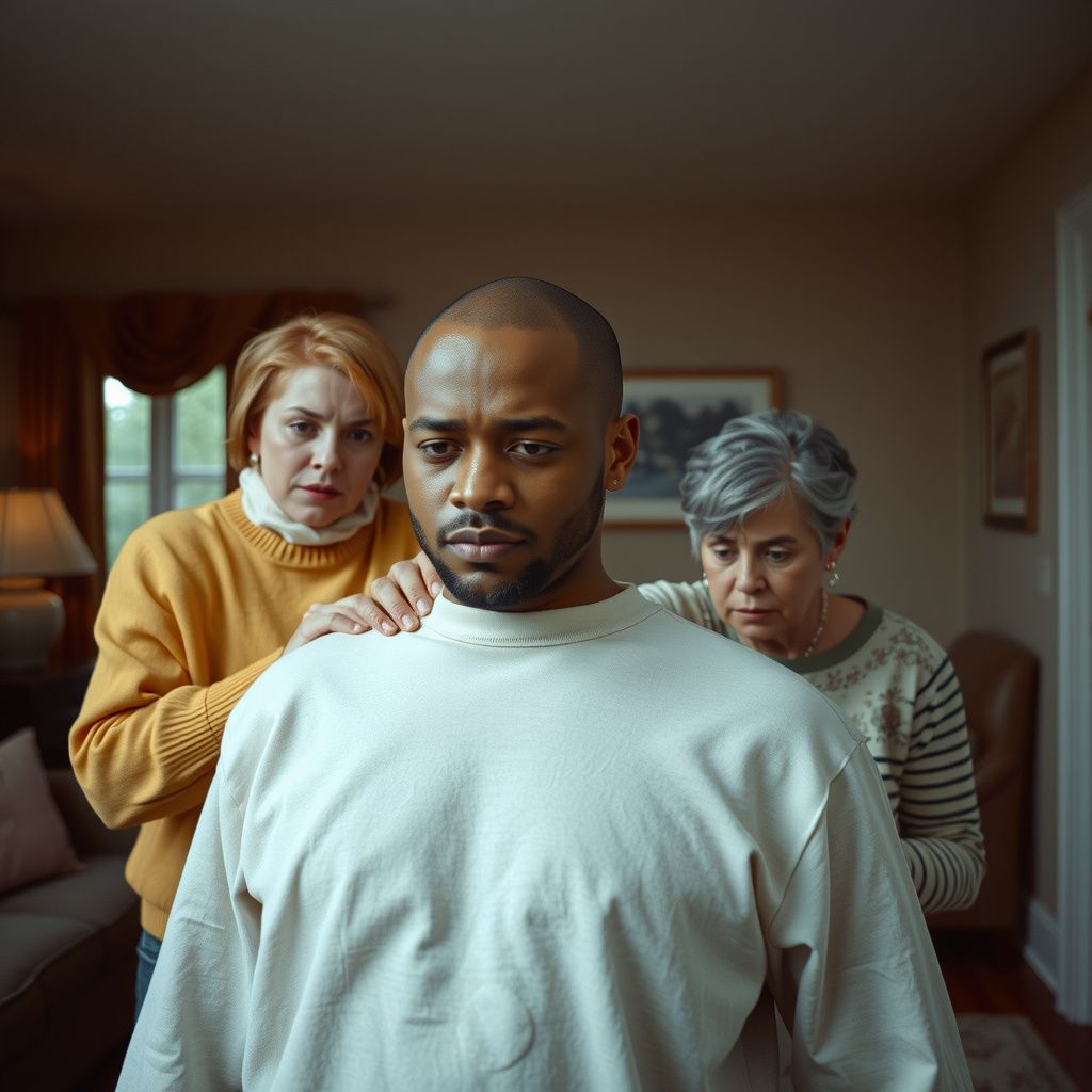 Surreal dream scene, cinematic and atmospheric, digital art: A tense family scene with a bald-headed Black man being gently held back by his mother and sister as he tries to follow his upset fiancee who is walking away, all set in a warm, emotionally charged living room filled with concerned expressions.