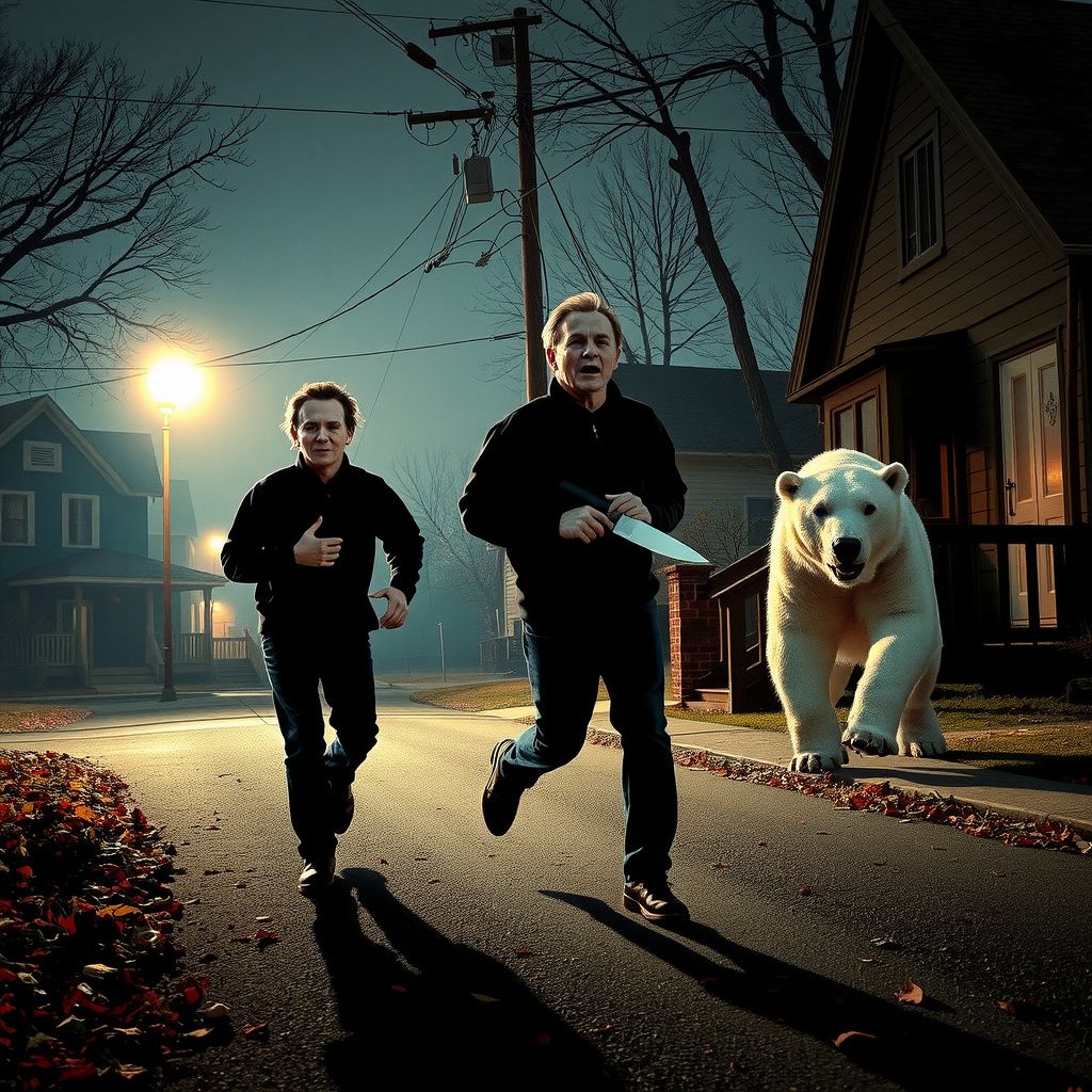 Surreal dream scene, cinematic and atmospheric, digital art: A terrified person running through a dimly lit Halloween neighborhood, fleeing from a menacing Michael Myers, a sarcastic Robin Scherbatsky wielding a knife, and a large polar bear, with eerie houses and autumn leaves surrounding them.