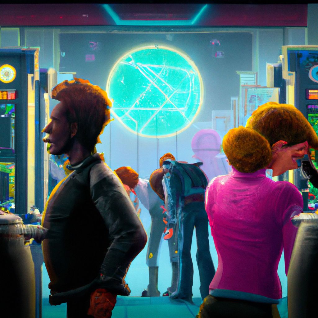 Digital art, As they step into the arcade, the group finds themselves enthralled by a new black spaceship game they've never seen before, eagerly reaching for the controls.