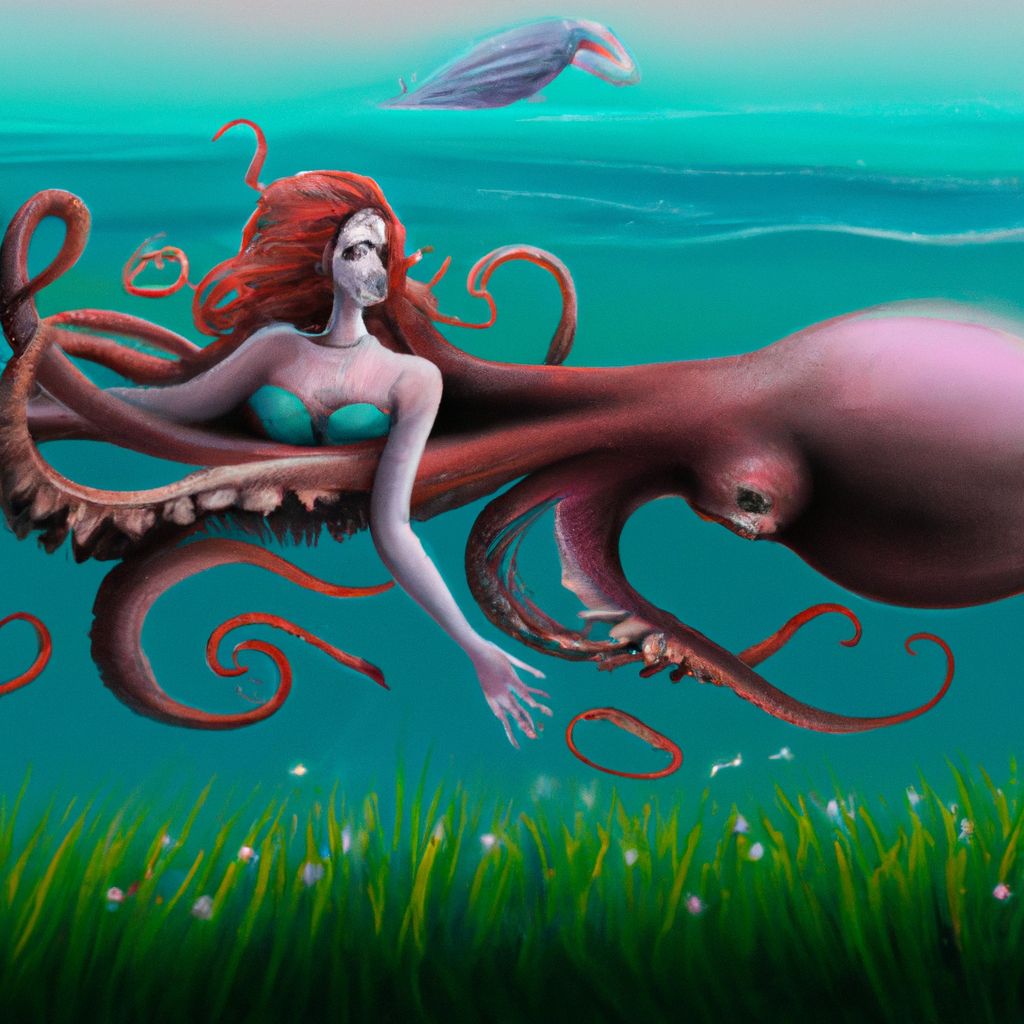 Digital art, She dreamed of being an absolutely gorgeous fish, swimming gracefully around an underwater trampoline on an underwater grassy lawn, when a male octopus reached out and grabbed her with his tentacles.