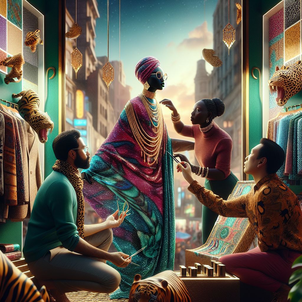Surreal dream scene, cinematic and atmospheric, digital art: A surreal scene of a person who has transformed into a confident Black woman in a vibrant clothing store, surrounded by two stylish friends helping her try on bold jewelry and animated animal-patterned bandanas that seem to come alive, all set against an urban backdrop conveying adventure and self-discovery.
