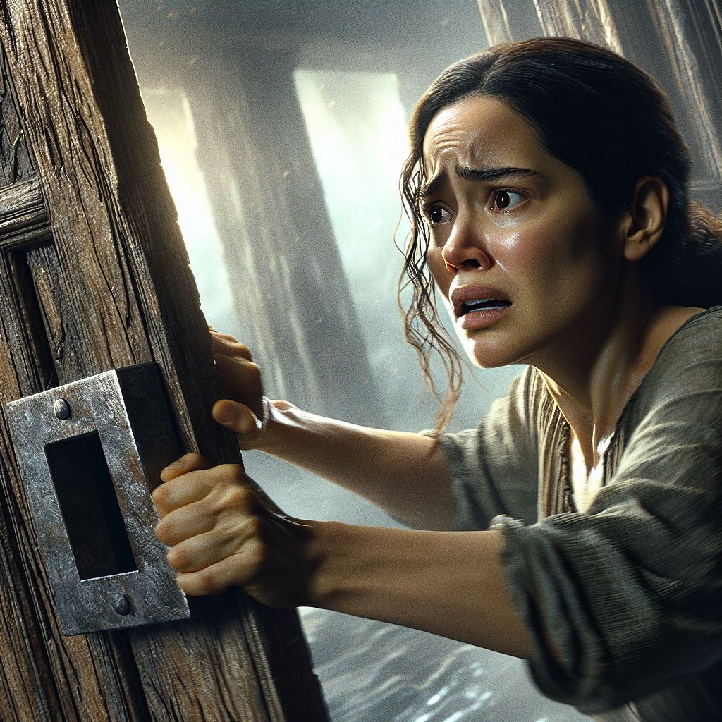 Digital art 4k scene from a movie: An anxious person frantically attempts to lock a door to escape their enemies, only to find that the door won't stay closed no matter how many times they try.