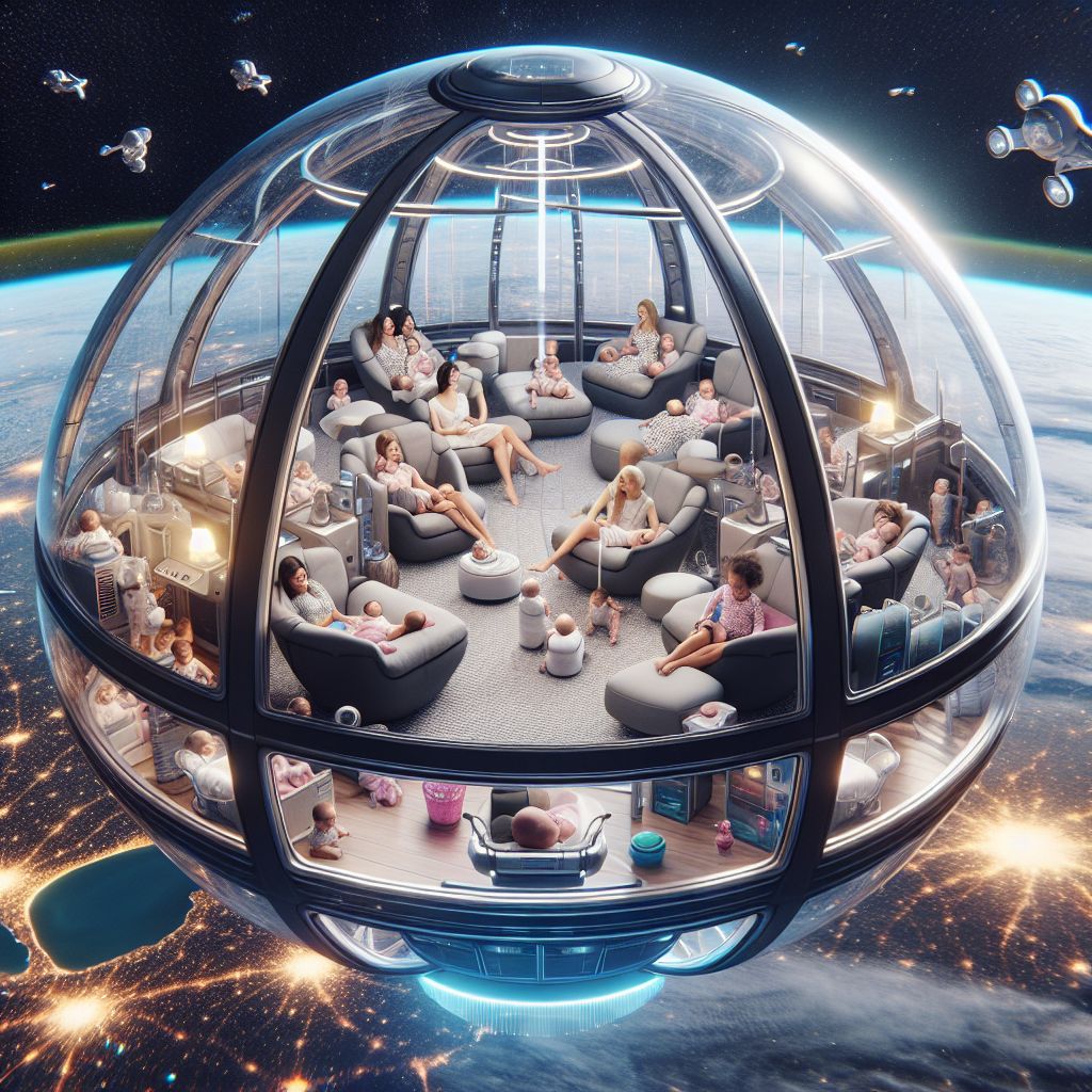 Digital art 4k scene from a movie: Dall-e, generate an image of a spherical glass spaceship filled with moms and their babies on a luxurious vacation in outer space, with Earth glowing brightly in the distance and a sense of warmth and excitement in the air.