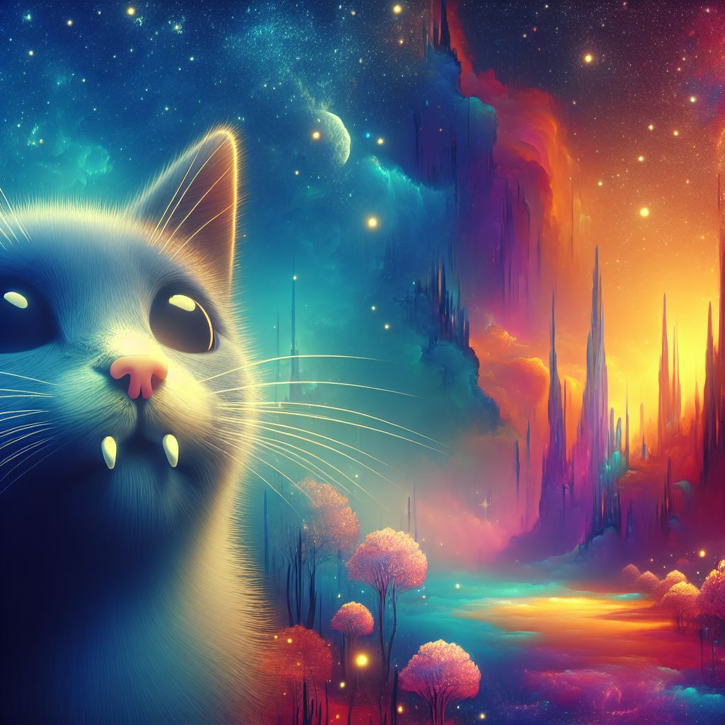 Surreal dream scene, cinematic and atmospheric, digital art: A whimsical illustration of a curious cat with a playful expression, featuring a nose with four small, cartoonish bite marks in a colorful, surreal dreamlike setting.