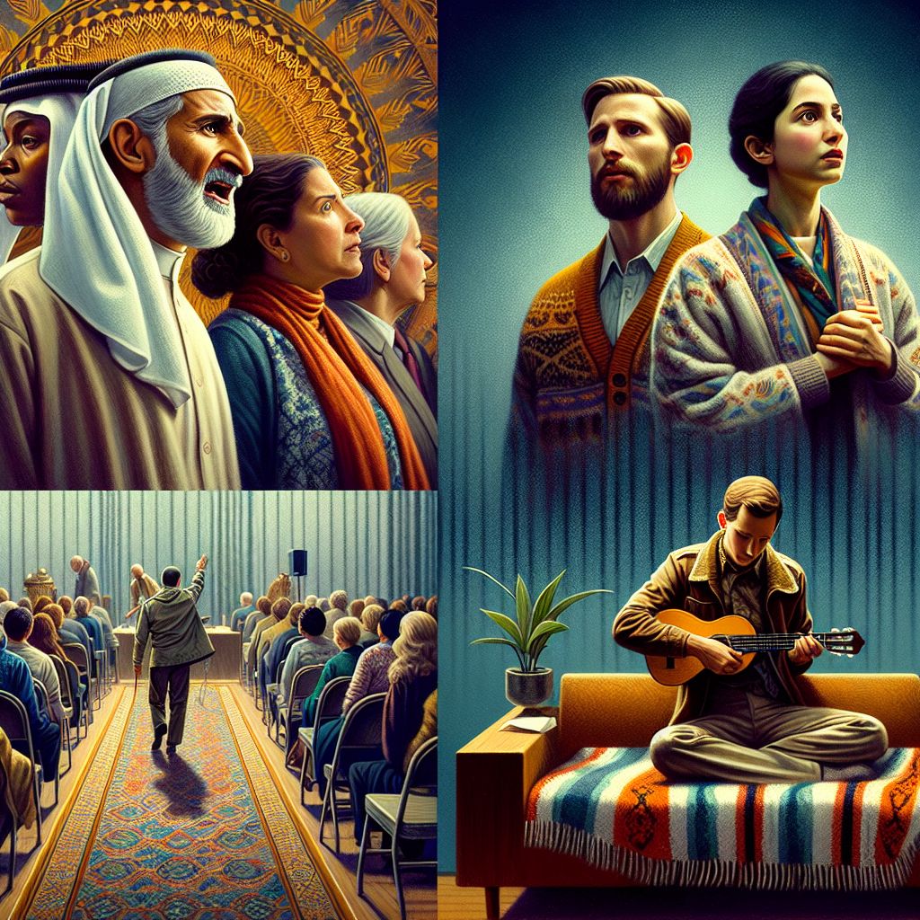Digital art 4k scene from a movie: A group of teachers gathered in a large open space, with one of them whispering in distress that they felt sick, causing unease among the others, until the scene shifted to a cozy dance studio where a woman lay under a blanket on a couch, engaging in conversation with a visitor who left with a small guitar that failed to produce any sound when strummed.