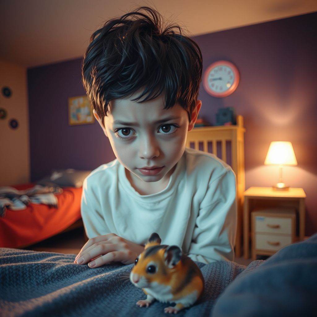 Surreal dream scene, cinematic and atmospheric, digital art: A young person looking worried while searching for a small, cute hamster in a cozy, colorful bedroom.