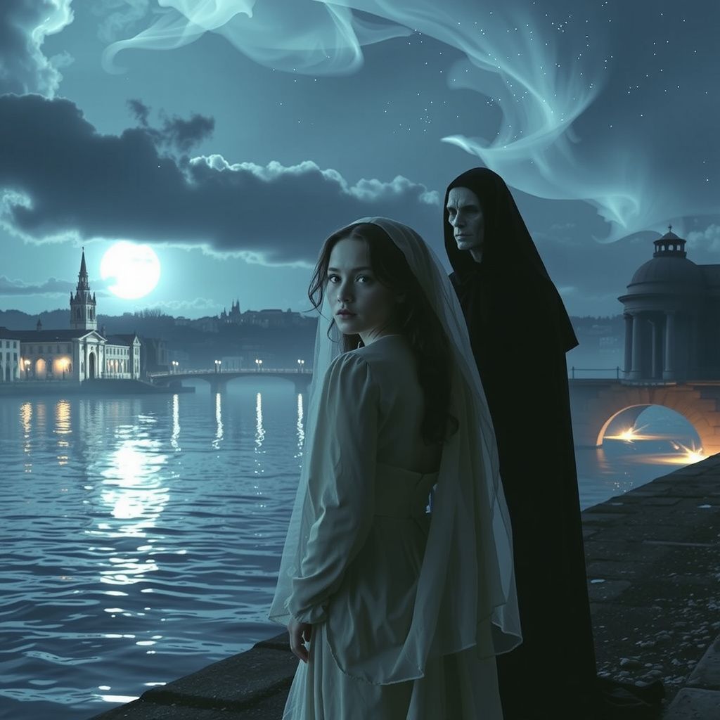 Surreal dream scene, cinematic and atmospheric, digital art: A young woman resembling Maria Casarès, cloaked in a delicate, ethereal gown, stands by a moonlit river in an ancient city, her expression a mix of determination and sorrow, while a shadowy, enigmatic figure representing Death watches silently nearby, under a sky filled with soft stars and swirling mist.