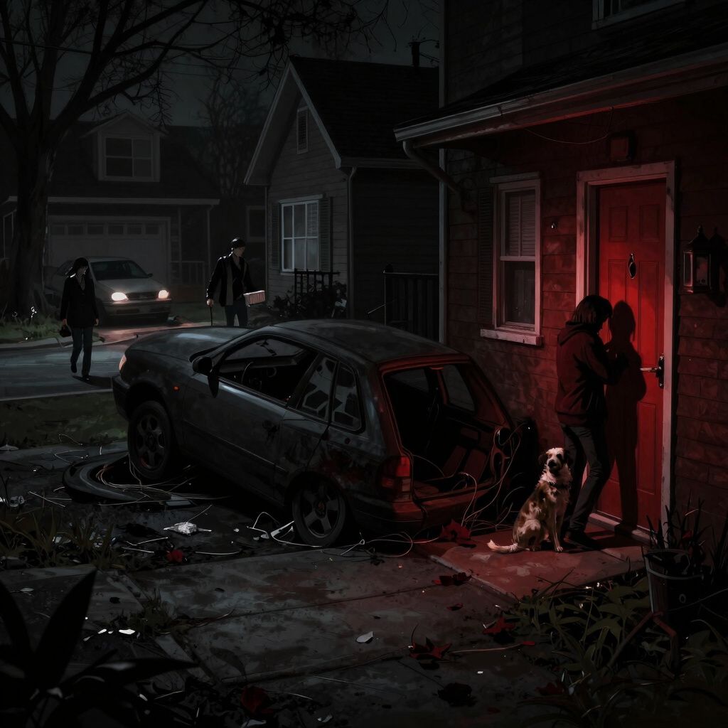 Dark gothic dream scene, moody shadows, dramatic chiaroscuro, ominous atmosphere, deep blacks with muted crimson, digital art: A 2014 suburban street scene showing a flipped car down the block with neighbors preparing to leave for work, while a person hugs a dog near an unlocked front door.