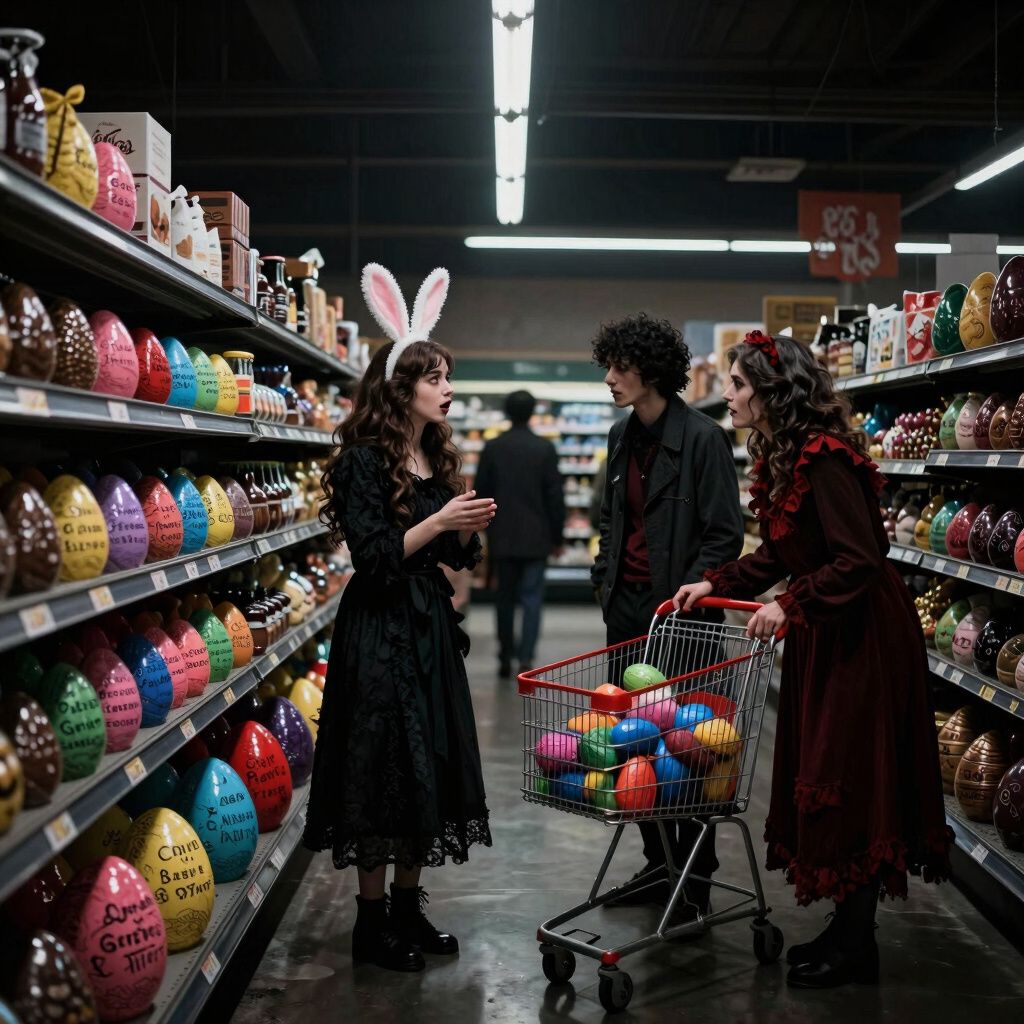 Dark gothic dream scene, moody shadows, dramatic chiaroscuro, ominous atmosphere, deep blacks with muted crimson, digital art: A group of friends inside a brightly lit supermarket decorated for Easter, stocking shelves with colorful chocolate eggs, while one woman talks animatedly about marriage and unusual surnames, with her mother nearby helping with shopping.