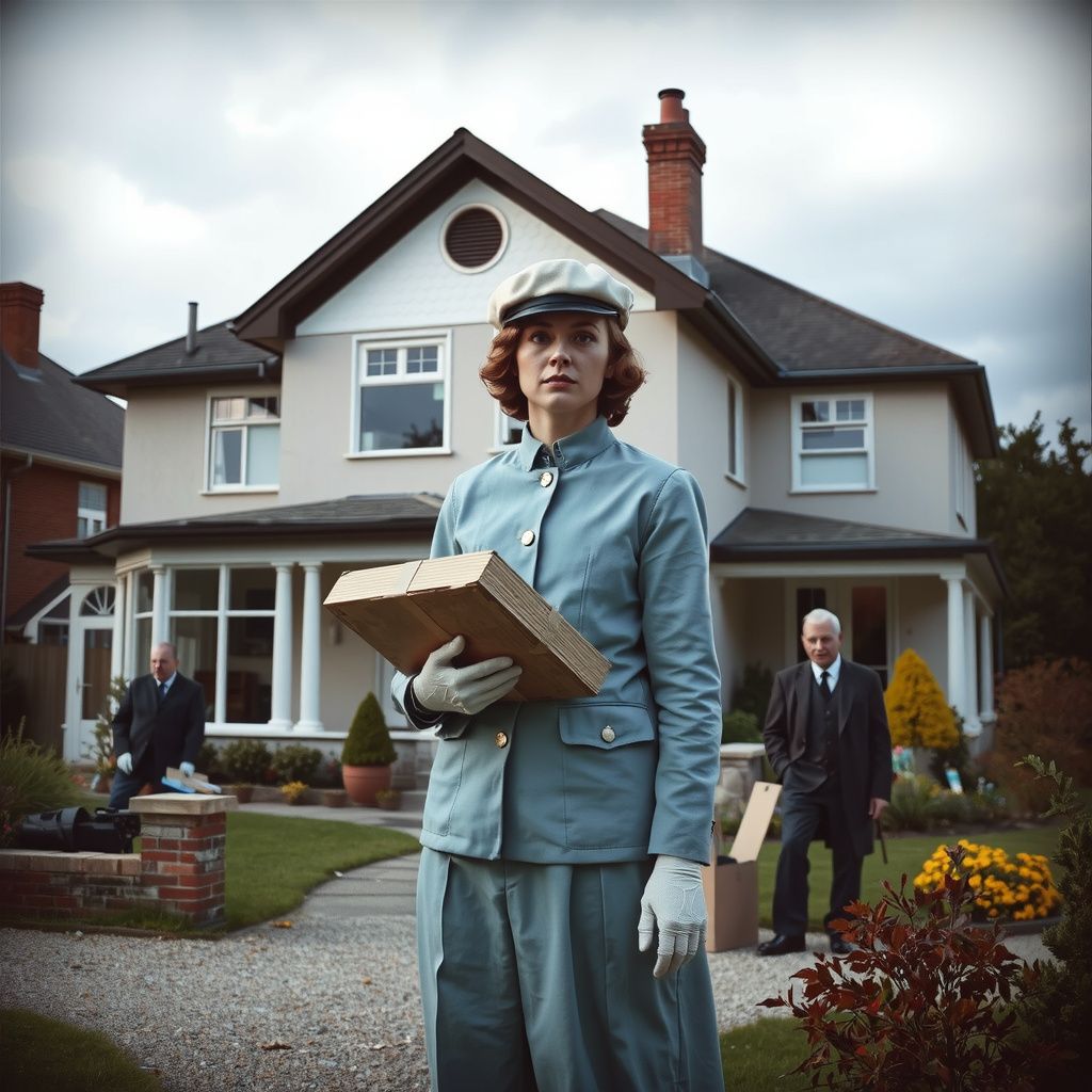 Surreal dream scene, cinematic and atmospheric, digital art: A surreal scene of a confused British postal worker in a quaint American suburb, wearing an ill-fitting pale blue uniform and cream Bonnie hat, standing by a stately old-money house with parcels that don't belong, as two mysterious men with striking glacier-blue eyes work silently in the garden under a wind-swept sky, evoking a dreamlike, eerie atmosphere of displacement and unseen secrets.