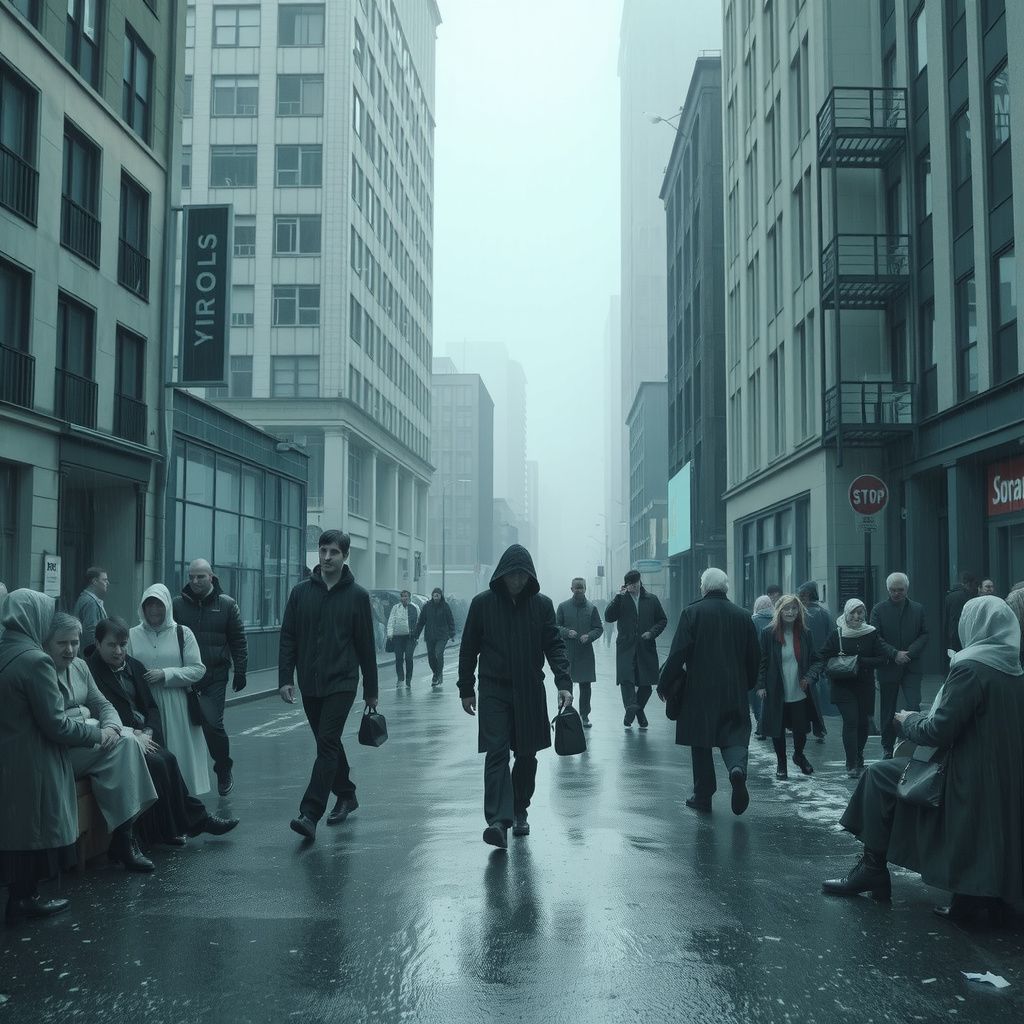 Surreal dream scene, cinematic and atmospheric, digital art: A solitary figure wanders a cold, rainy, unfamiliar city, surrounded by groups of people who twist their words into confusion and disbelief, capturing a surreal and disorienting atmosphere of isolation and misunderstanding.