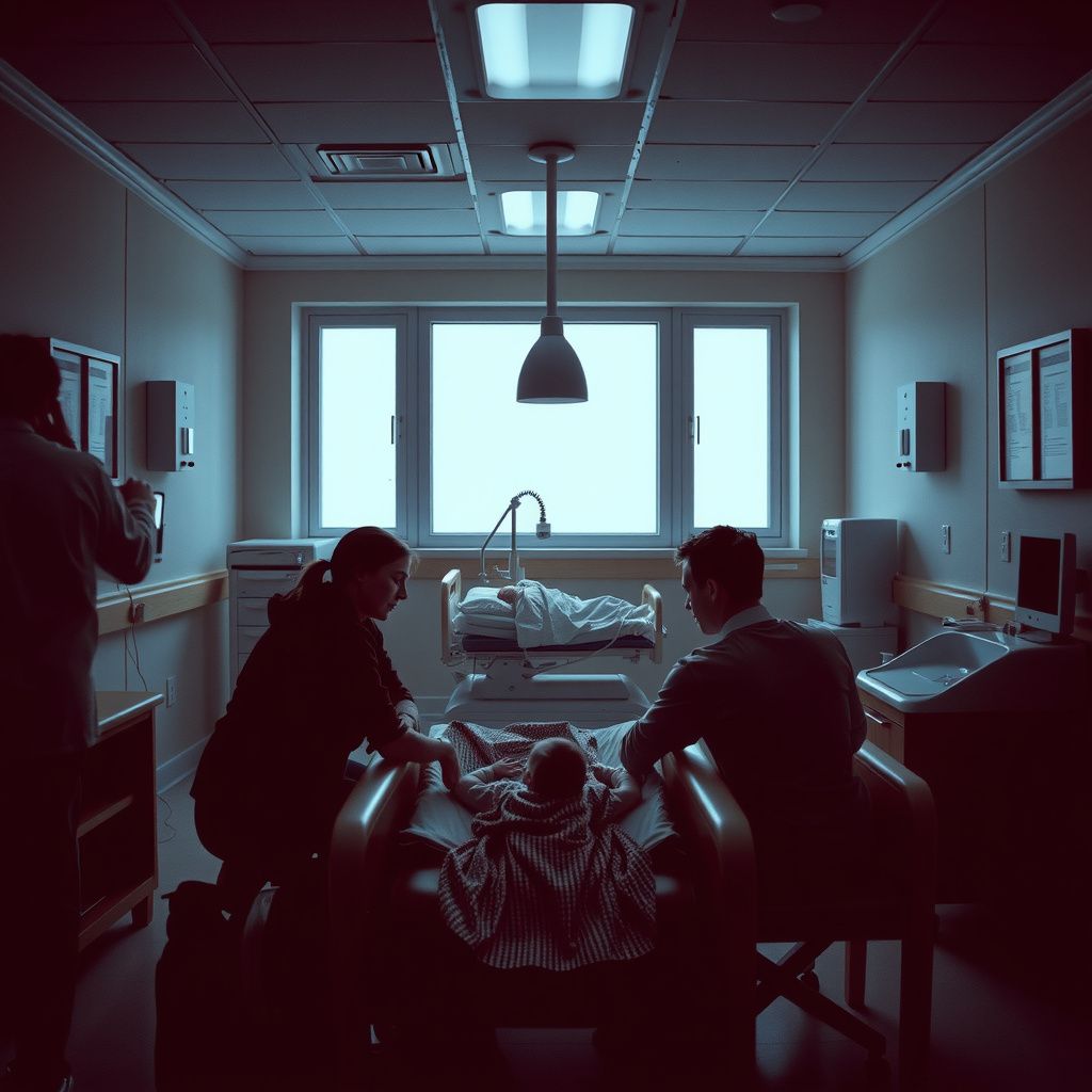 Surreal dream scene, cinematic and atmospheric, digital art: A delicate, emotionally complex hospital scene showing a family quietly coping with the loss of a baby, with subtle expressions of shock, sadness, and detached acceptance in the softly lit emergency room.