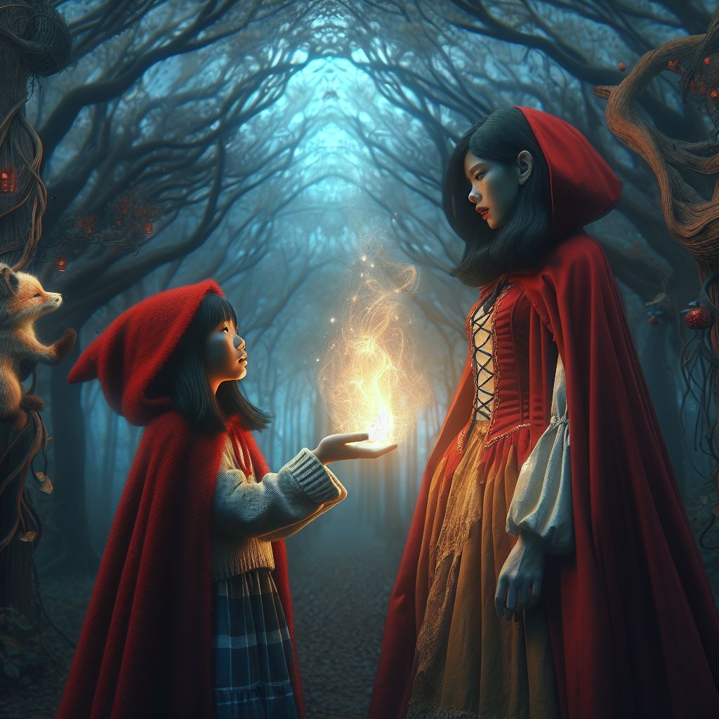 Surreal dream scene, cinematic and atmospheric, digital art: A young girl wearing a little red riding hood coat stands beside her fairy godmother, who is her best friend, tearfully begging her not to wear it in a whimsical forest setting.