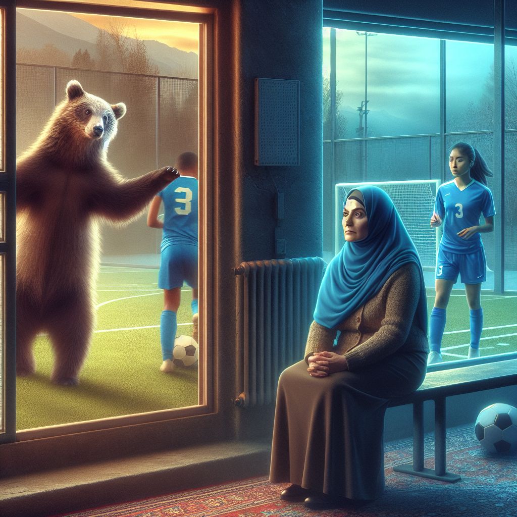 Surreal dream scene, cinematic and atmospheric, digital art: A concerned parent sitting nervously by an open gym window, looking outside at a curious bear cub while a serious soccer coach watches quietly nearby in a high school sports setting.