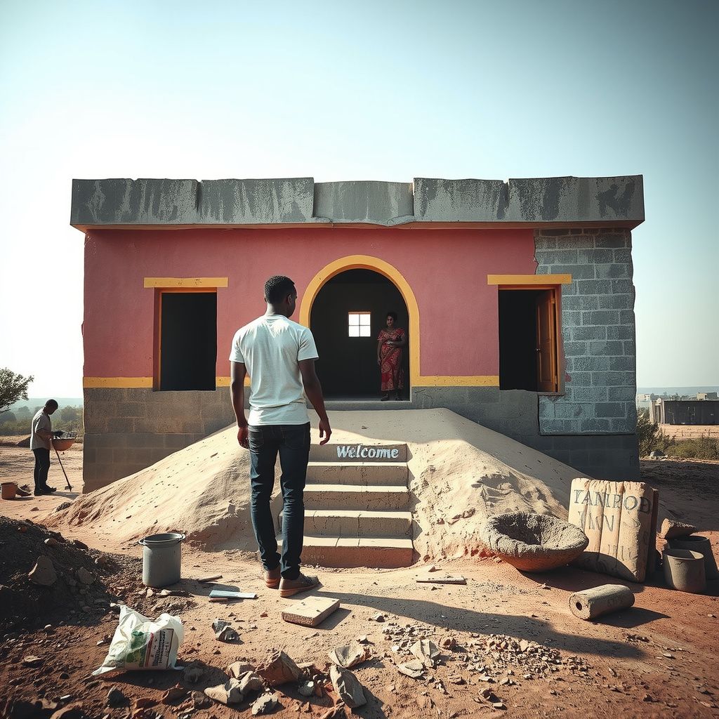 Surreal dream scene, cinematic and atmospheric, digital art: A shy traveler visits a colorful, partially constructed house on a steep hill in a dry African landscape, observing local workers mixing concrete and learning about customs from a welcoming woman inside the bright but unfinished rooms.