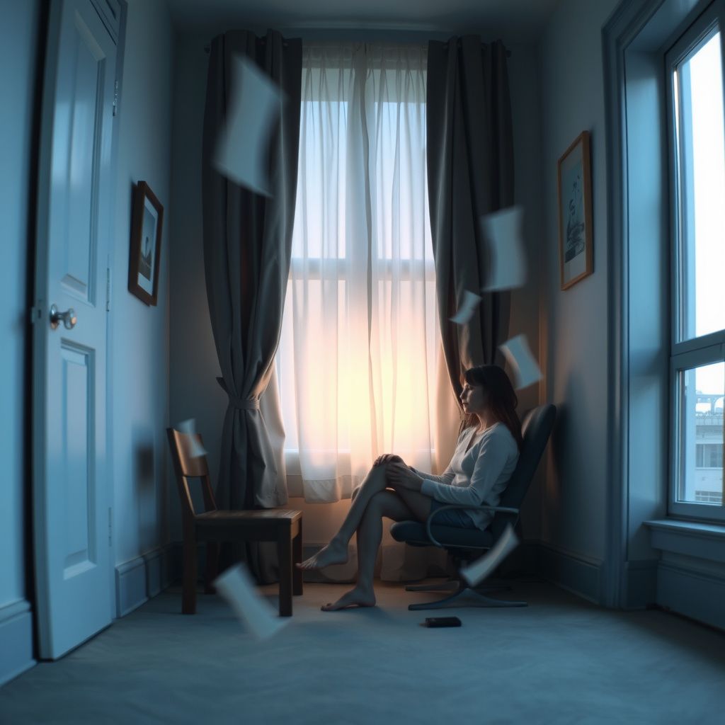 Surreal dream scene, cinematic and atmospheric, digital art: A person sitting quietly in a softly lit room, surrounded by gentle blurred motion and slow, dreamlike distortions symbolizing confusion and fading mental clarity, while a calm, compassionate guide softly offers support nearby.