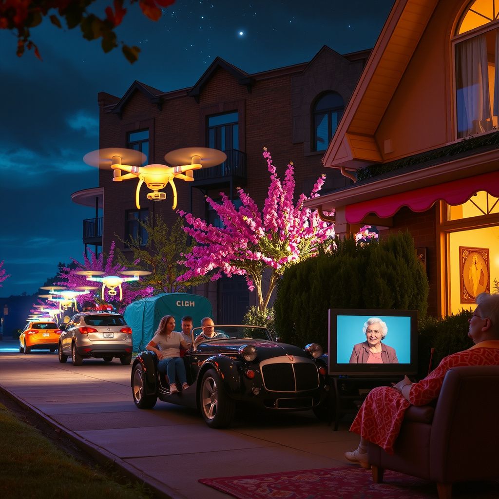 Surreal dream scene, cinematic and atmospheric, digital art: A warm nighttime parade with families watching cars adorned in colorful LED lights alongside a mesmerizing drone show illuminating the sky, followed by a peaceful walk down a softly lit path lined with blooming flowers leading to a cozy, welcoming bungalow where a loving grandmother smiles watching a classic comedy on TV.