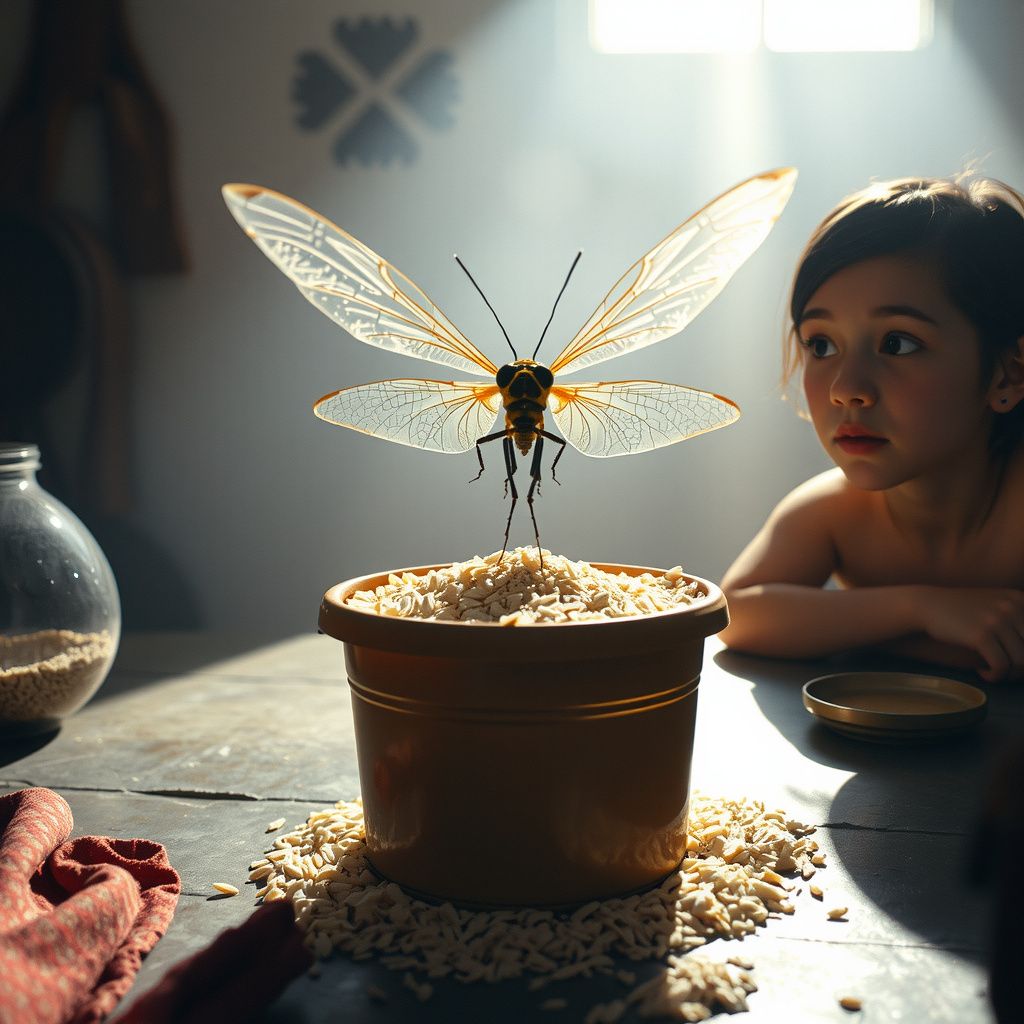 Surreal dream scene, cinematic and atmospheric, digital art: A surreal scene showing a translucent elongated insect with long delicate wings, resembling a hybrid between a dragonfly and a common fly, emerging from a tub of rice as a person looks on with surprise in a softly lit, realistic setting.