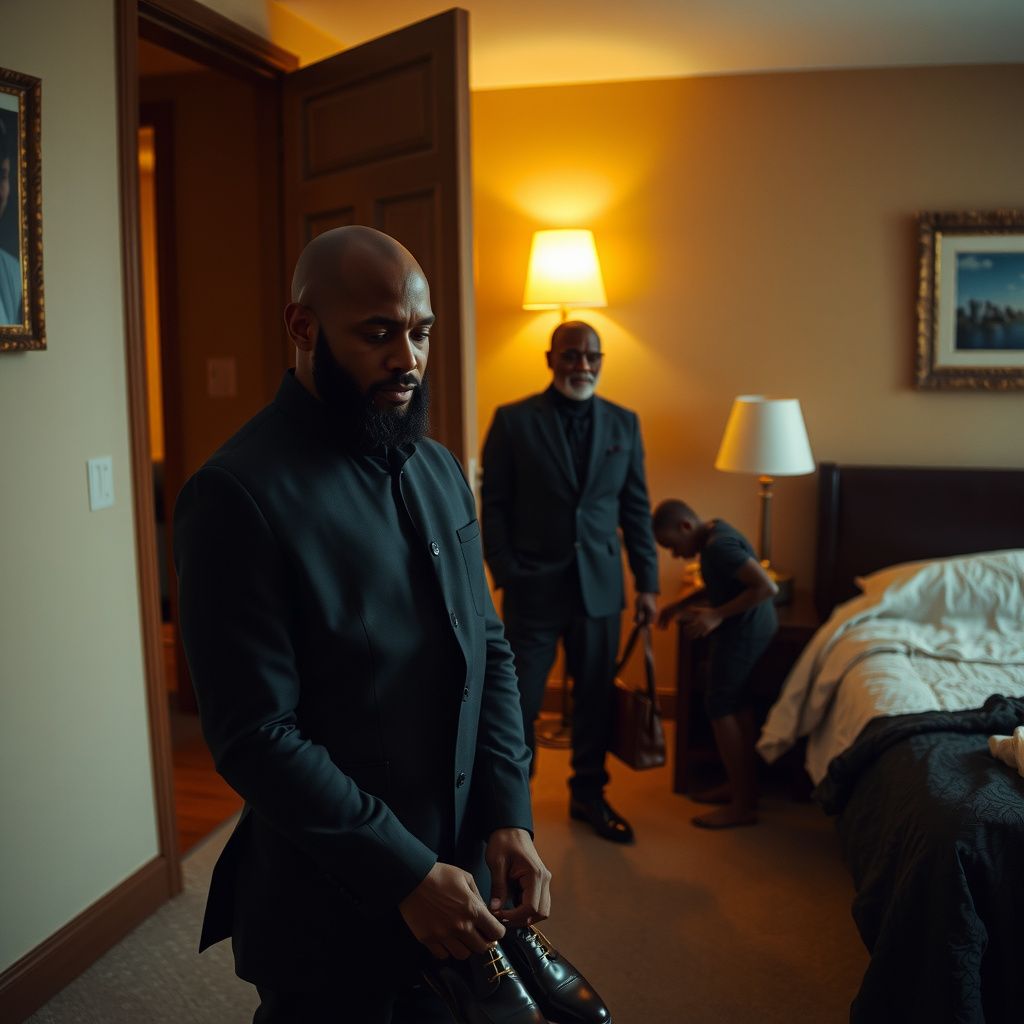 Surreal dream scene, cinematic and atmospheric, digital art: A bald-headed Black man with a beard quietly putting on his shoes in a warmly lit bedroom while an older Black man stands silently at the doorway with a serious expression, as a younger Black boy helps fix the bed nearby, capturing a subtle atmosphere of unspoken tension and nostalgia.