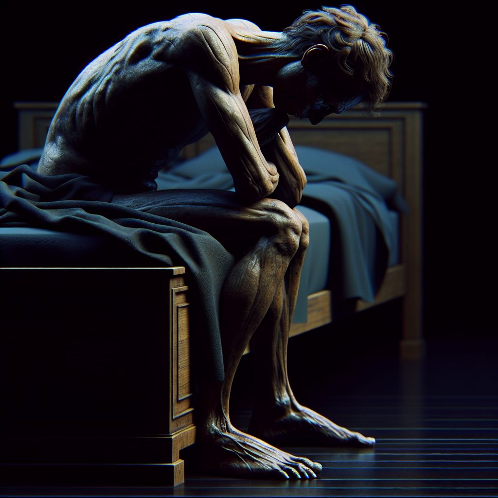 Digital art 4k scene from a movie: An exhausted individual sits on the edge of their bed, eyes closed, as if patiently awaiting the moment they finally awaken from a deep slumber.