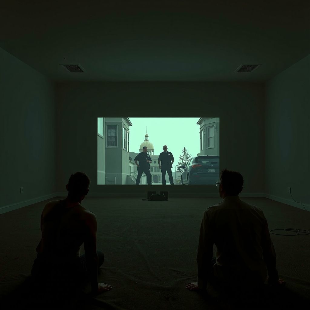 Surreal dream scene, cinematic and atmospheric, digital art: A tense scene unfolds in a large empty room where two people watch a movie trailer projected on a wall, depicting police officers outside a San Francisco apartment building attempting to arrest a calm elderly woman who appears to be a cyborg, capturing the moment just before chaos erupts.