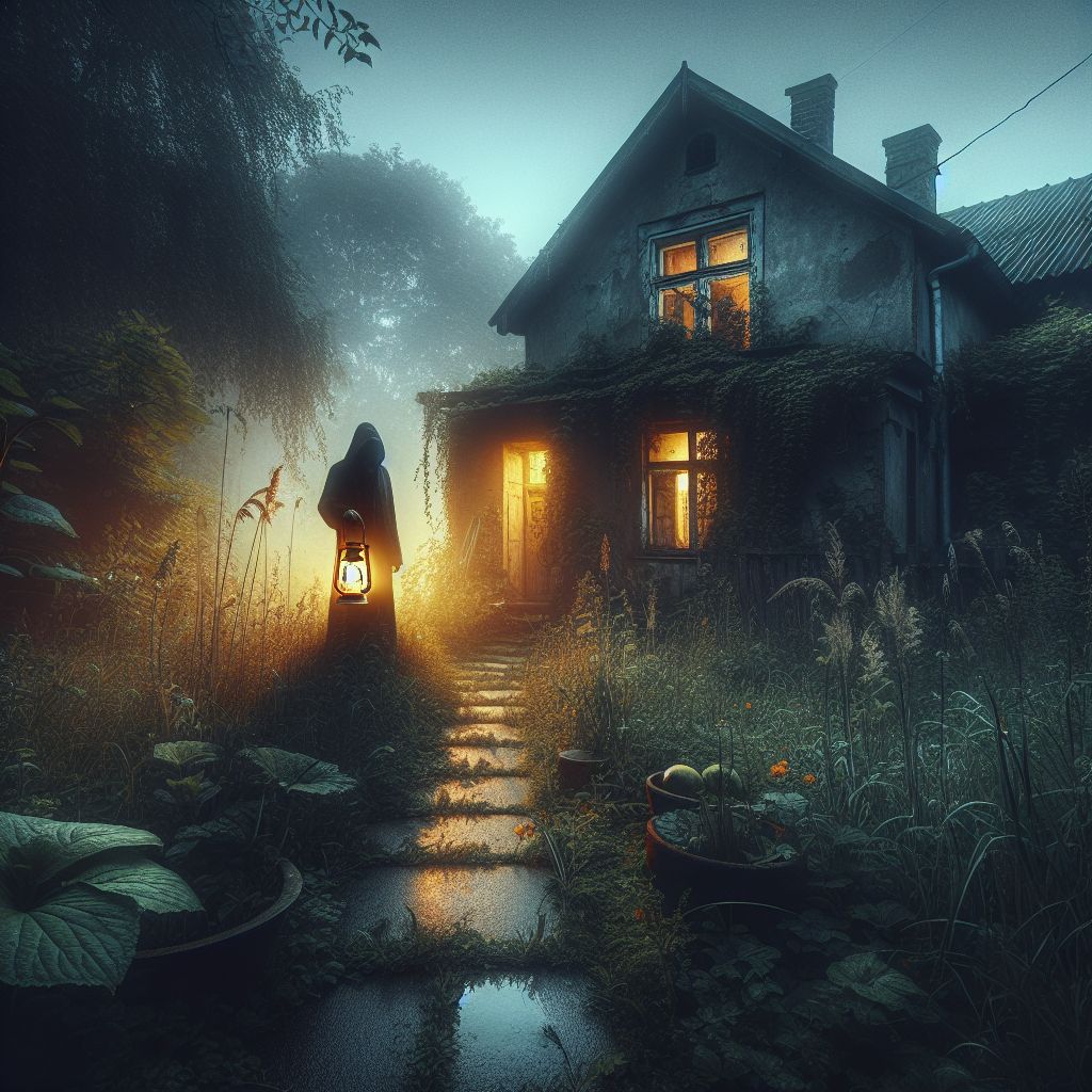 Digital art 4k scene from a movie: Outside the abandoned house, a mysterious figure emerged from the shadows, holding a lantern that illuminated the overgrown garden and a pathway leading to a hidden door.