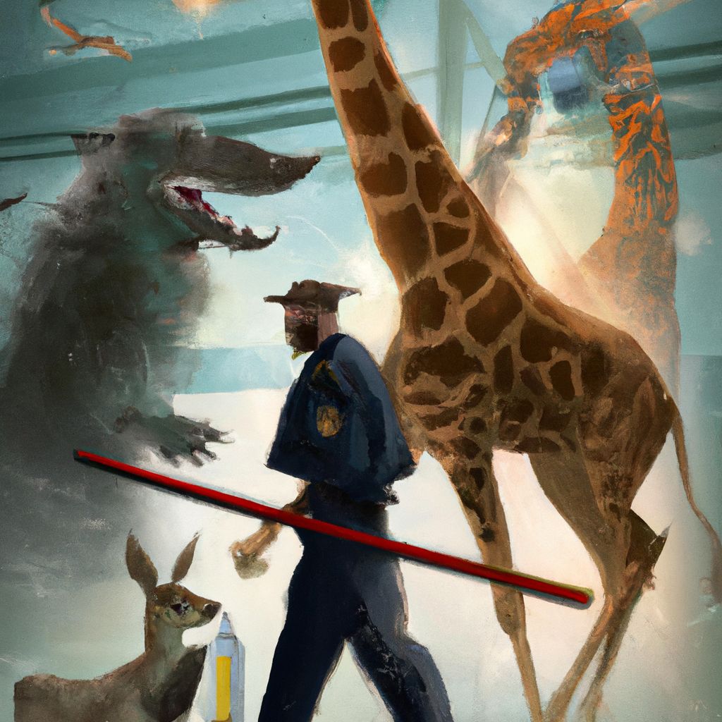 Digital art, Generate an image of a tall, angry looking man at an airport who transforms into a wolf, giraffe, and slippery watery animal as guards try to capture him.