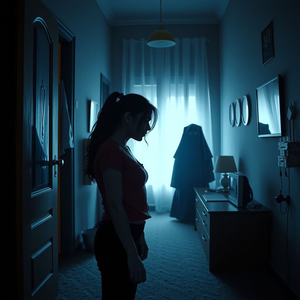 Surreal dream scene, cinematic and atmospheric, digital art: A young woman reluctantly prepares to leave a mysterious, ever-changing apartment where she stayed with her best friend, while ghostly shadows and surreal dreamlike elements swirl around her in a moody, atmospheric setting.