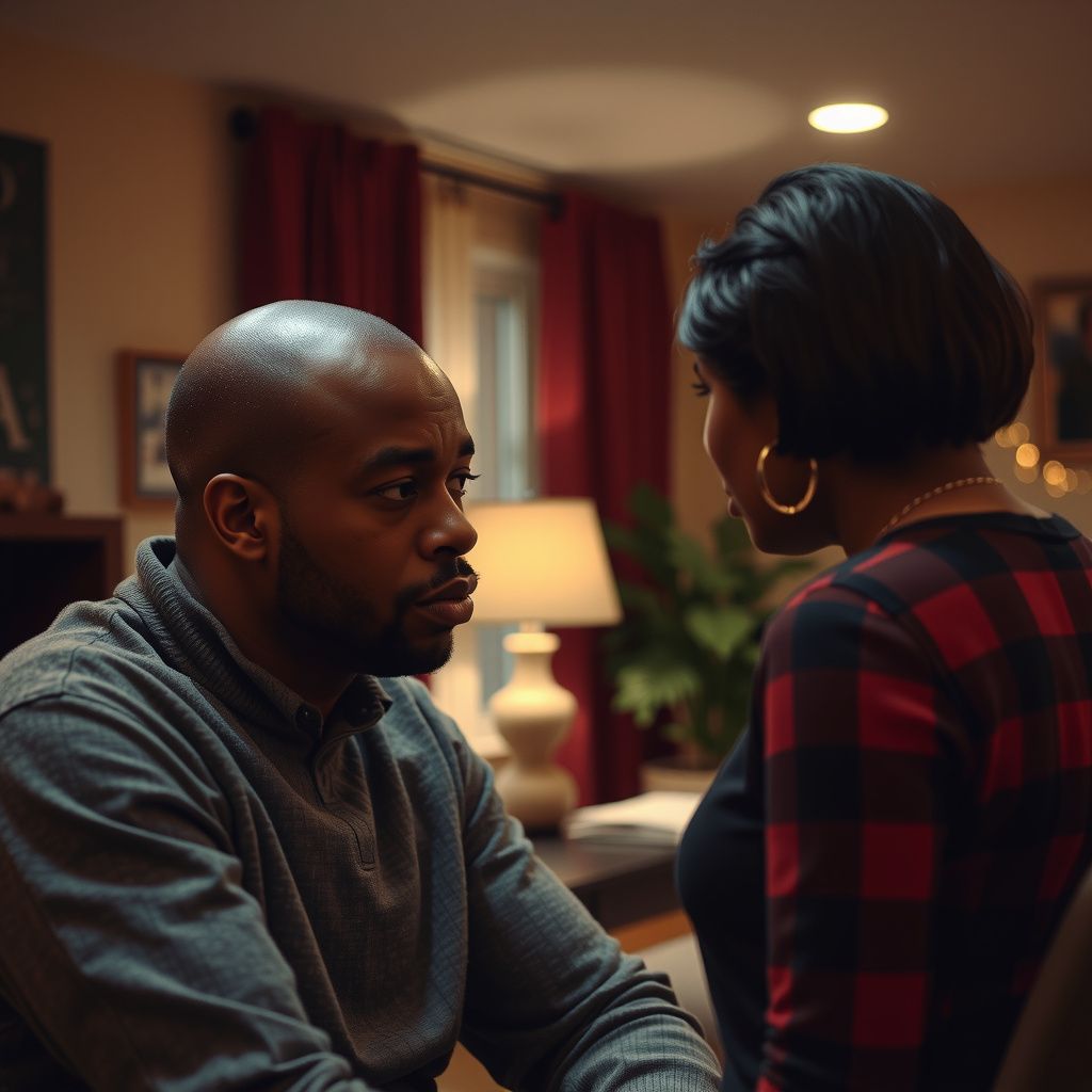 Surreal dream scene, cinematic and atmospheric, digital art: A bald-headed Black man and his Black mother are having a serious, emotional argument in a warmly lit living room.