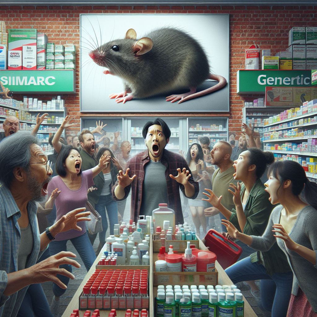 Digital art 4k scene from a movie: In a redesigned Walgreens, a person is shocked to discover a warning picture of mice, leading to a chaotic scene of screaming and panicked searching for Neosporin and rubbing alcohol.