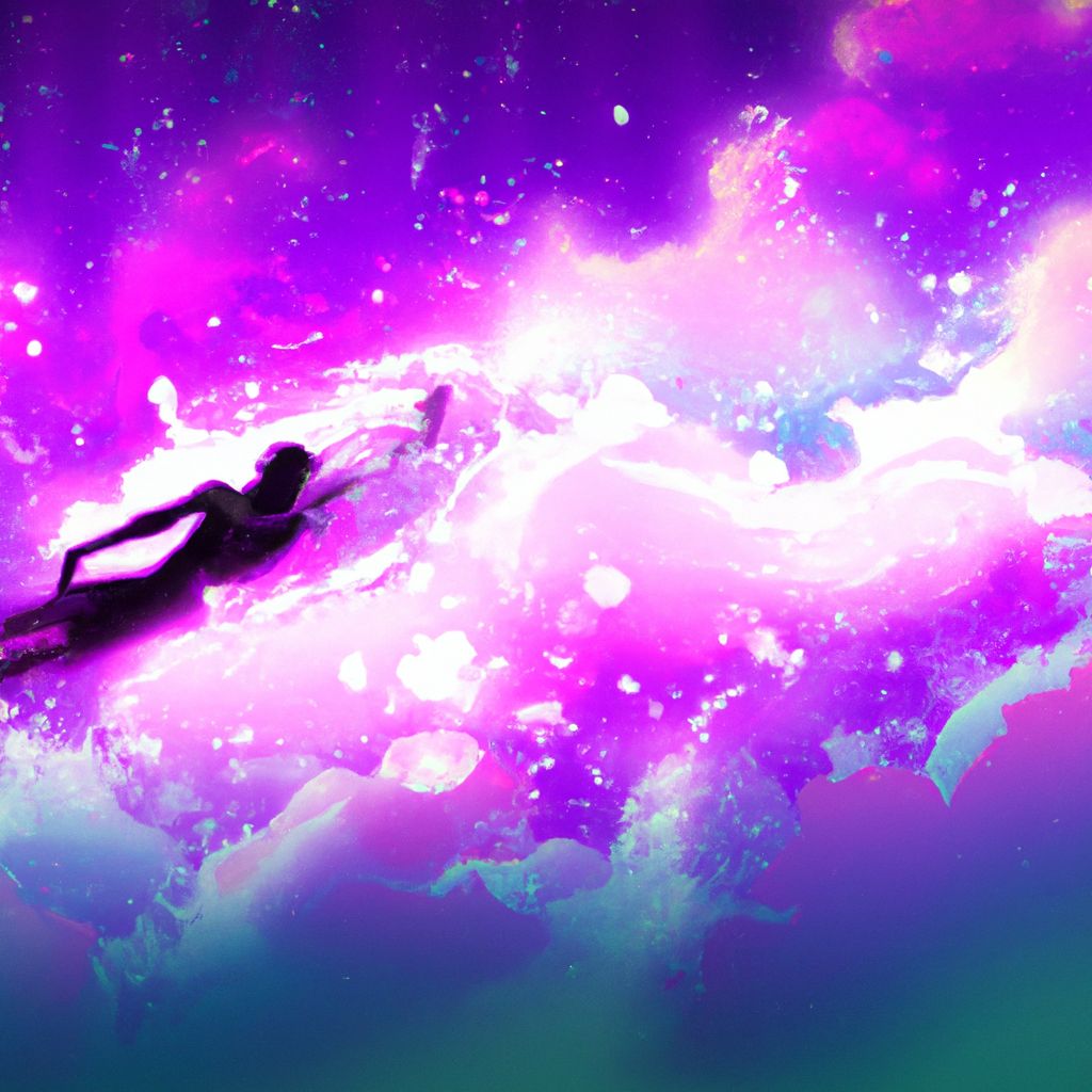 Digital art, As the dreamer steps outside into the darkness, their command for clarity reveals a breathtaking scene of unparalleled beauty, with vibrant colors and a sunrise that transcends earthly limitations, offering a serene moment of blissful flight amidst pure love and beauty. However, their dream takes a profound turn as they find themselves in a bathtub, engaging in a heartfelt conversation with a troubled young woman, sharing their own story of overcoming depression and imparting guidance and hope for her future, before awakening with a renewed appreciation for life.