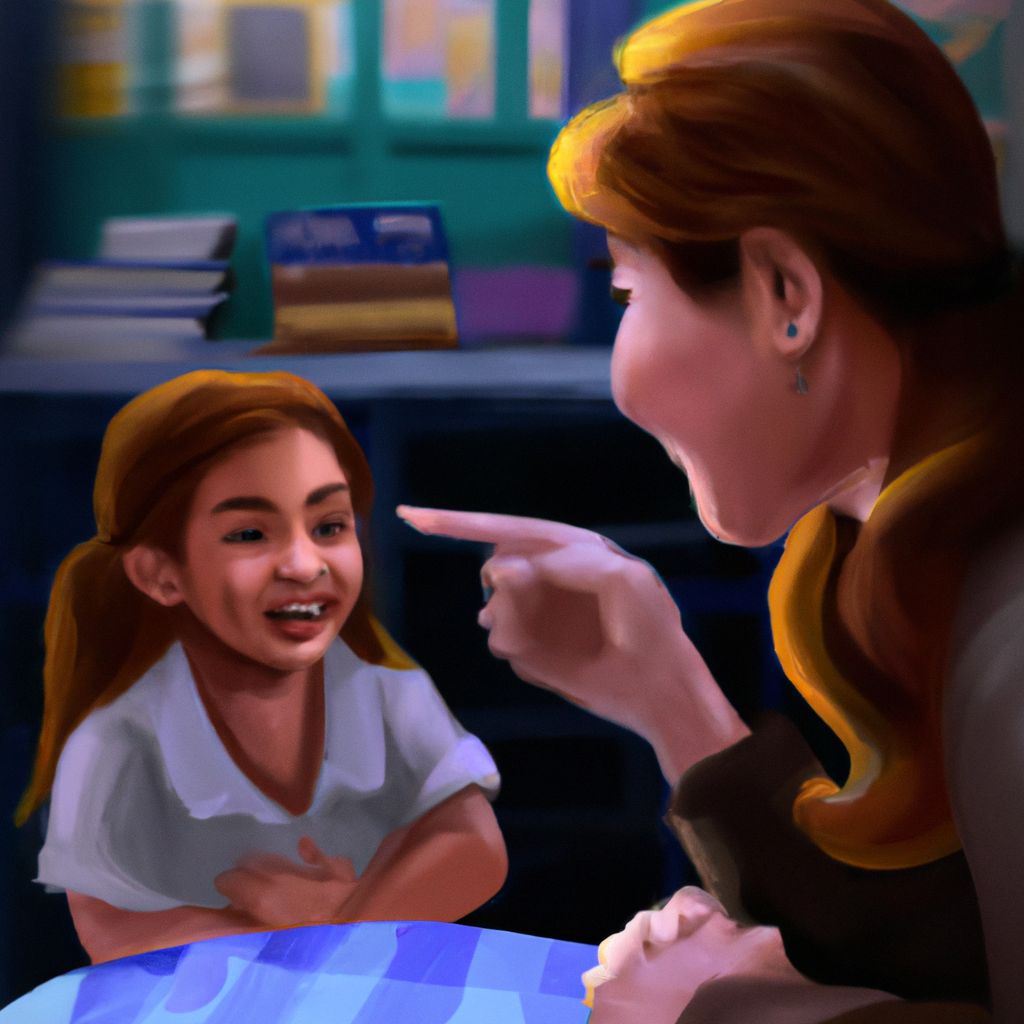 Digital art, A babysitter named Lina engages in a heartwarming conversation about college with her polite and well-mannered 8-year-old daughter Rachel, who becomes intrigued by the concept, leading to a positive interaction between them.